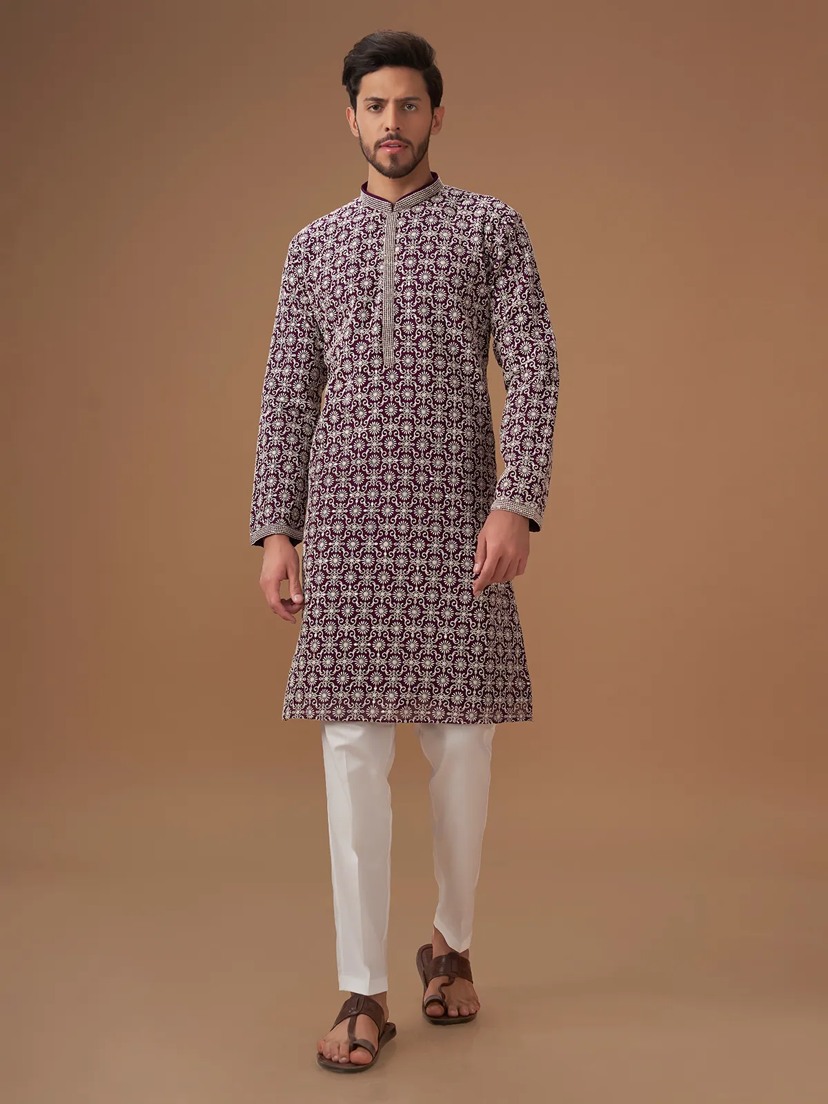 Dark purple embroidery kurta suit