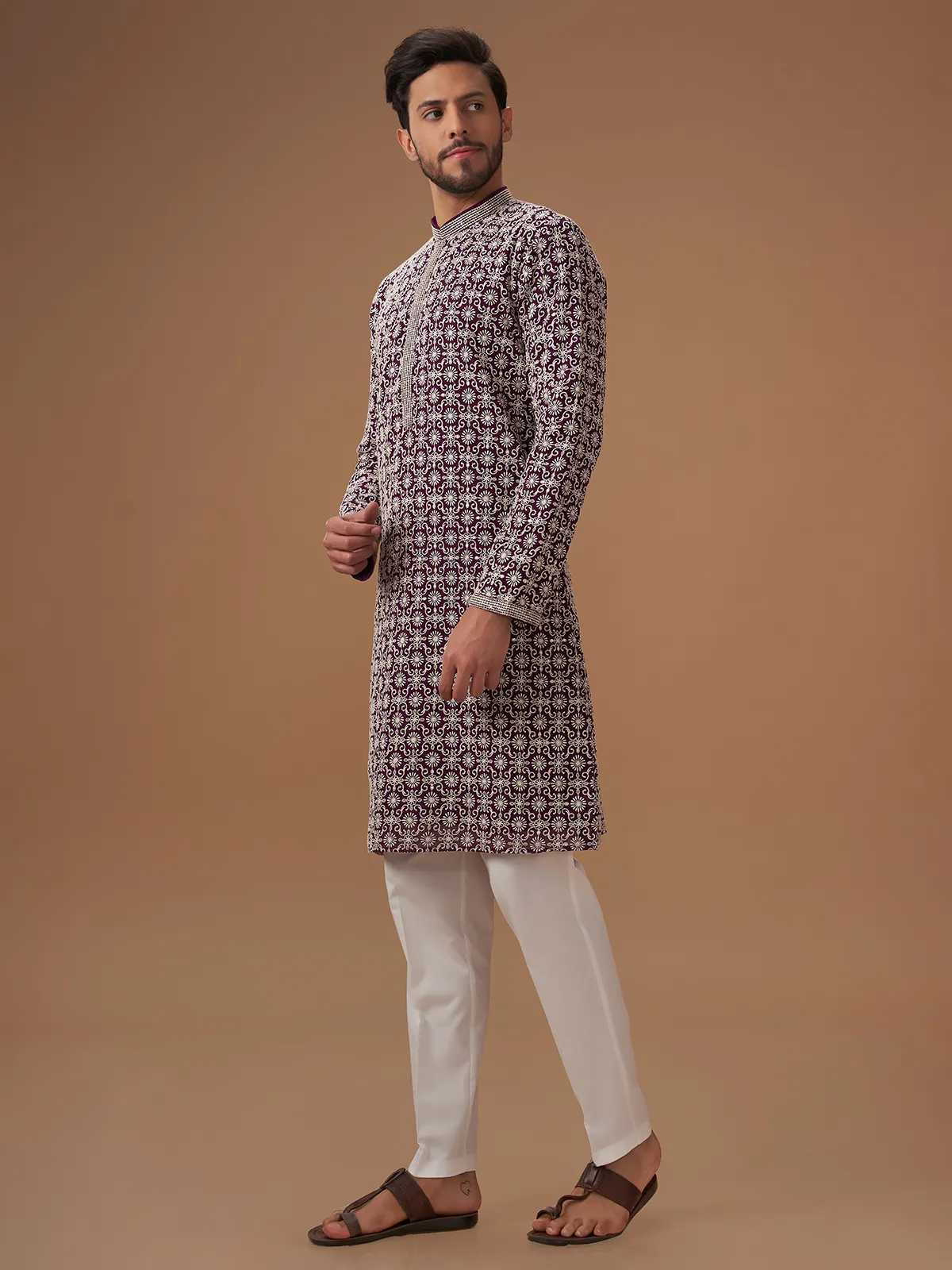 Dark purple embroidery kurta suit