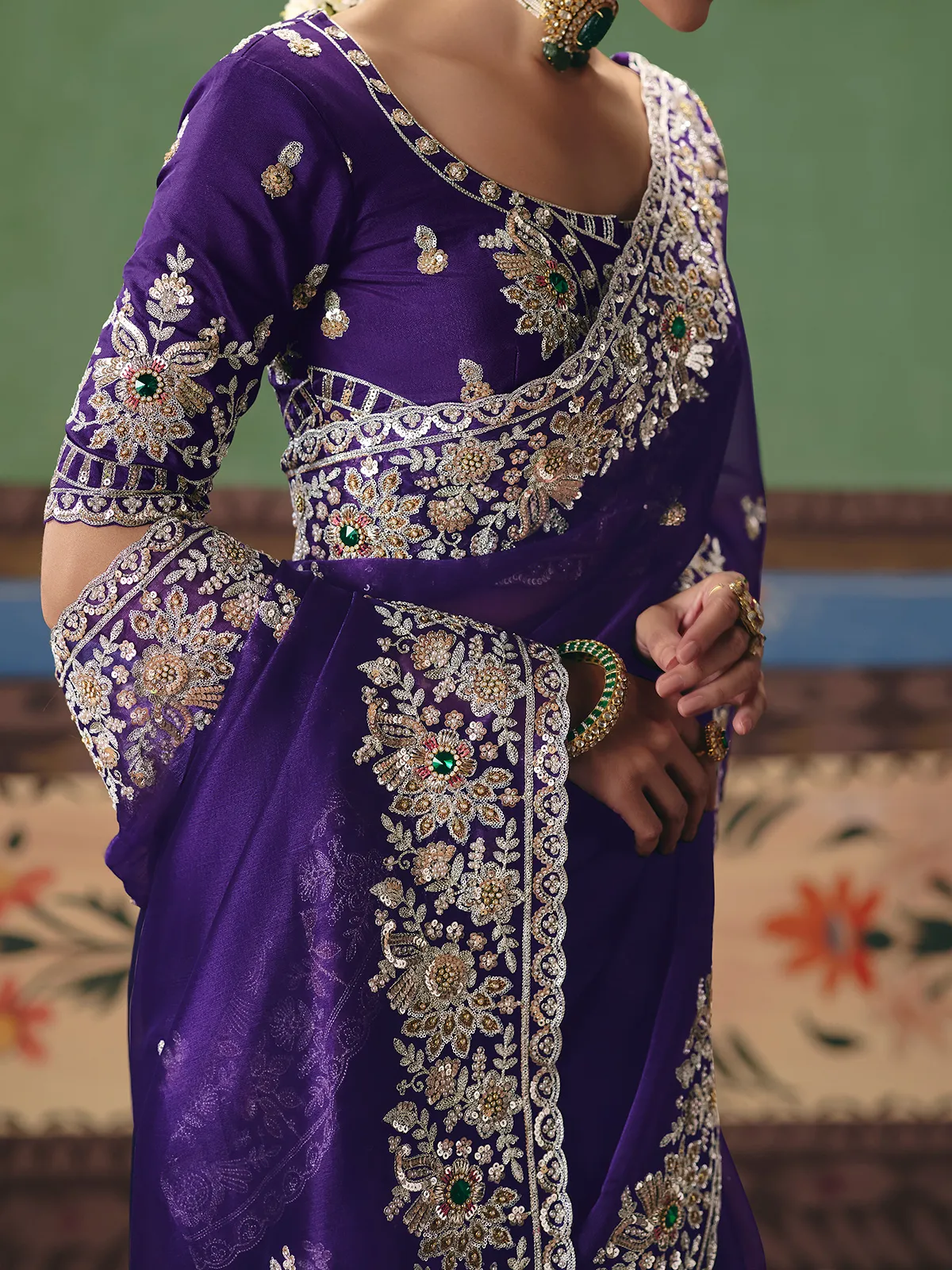 Dark purple fancy silk wedding wear saree
