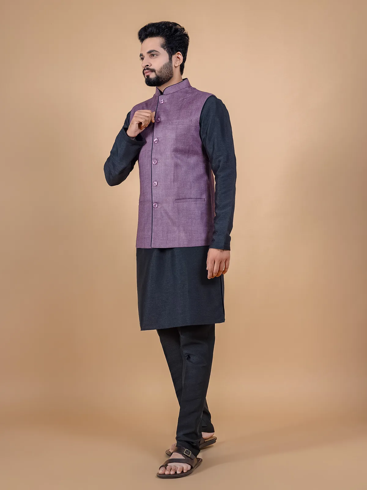 Dark purple jute silk waistcoat set