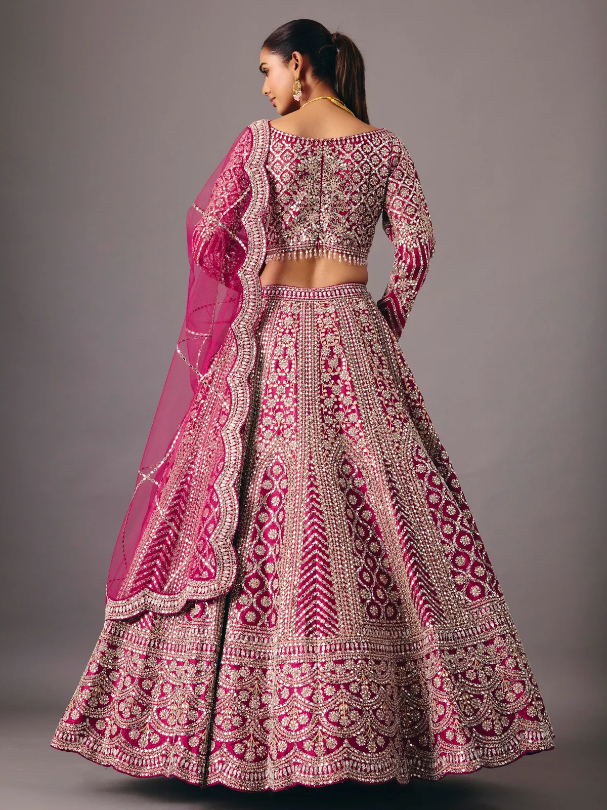 Dark purple silk lehenga choli with mirror and pearl work