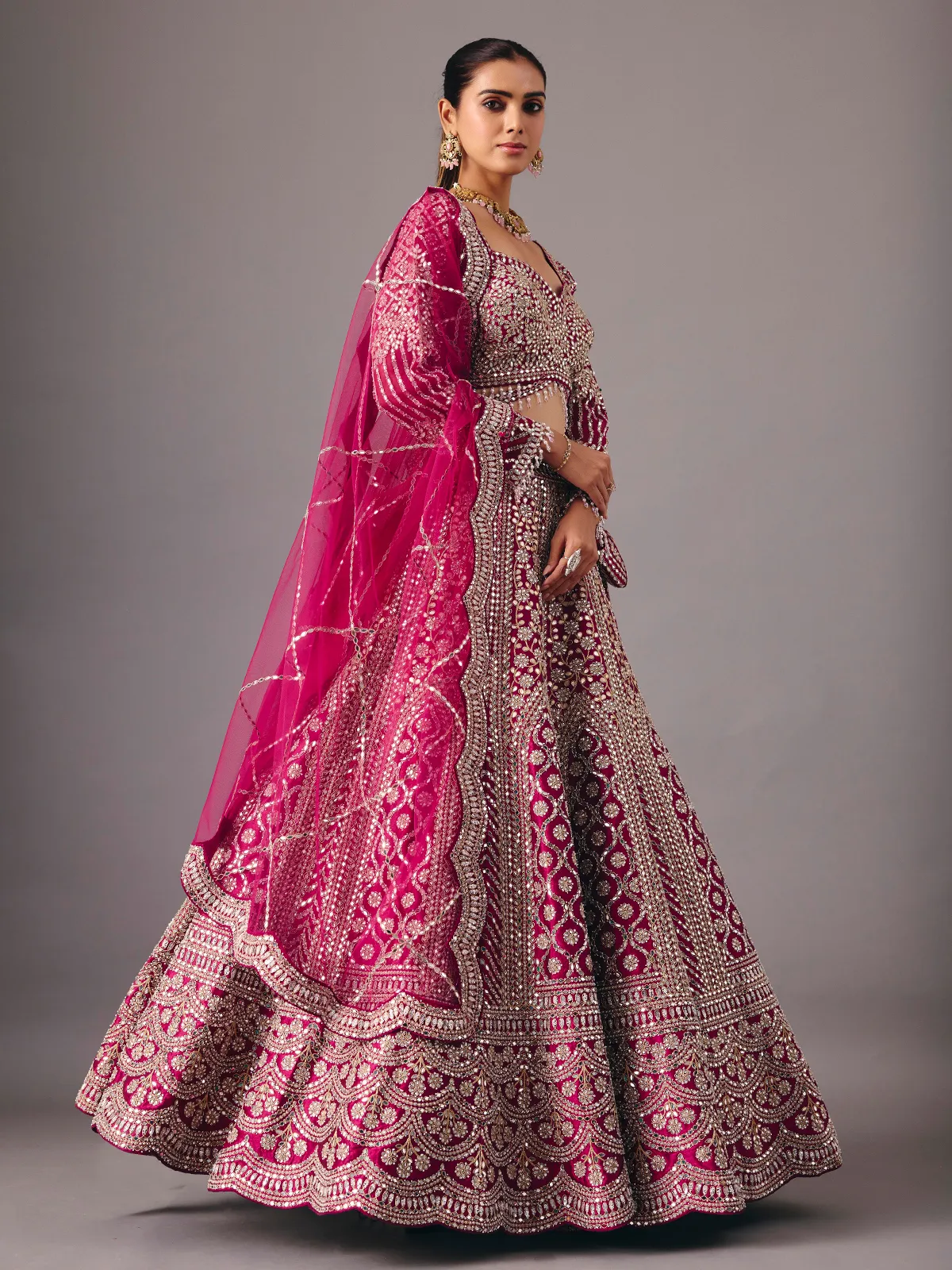 Dark purple silk lehenga choli with mirror and pearl work