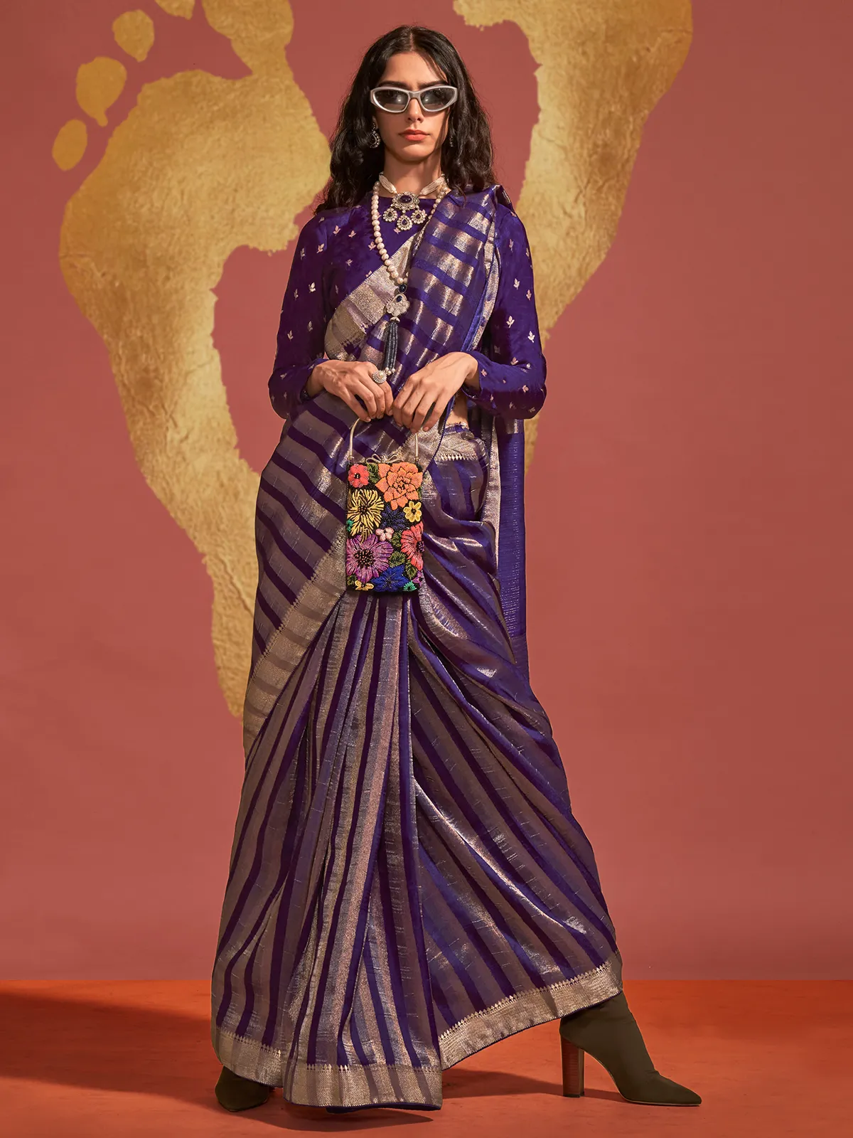 Dark purple zari weaving saree in silk