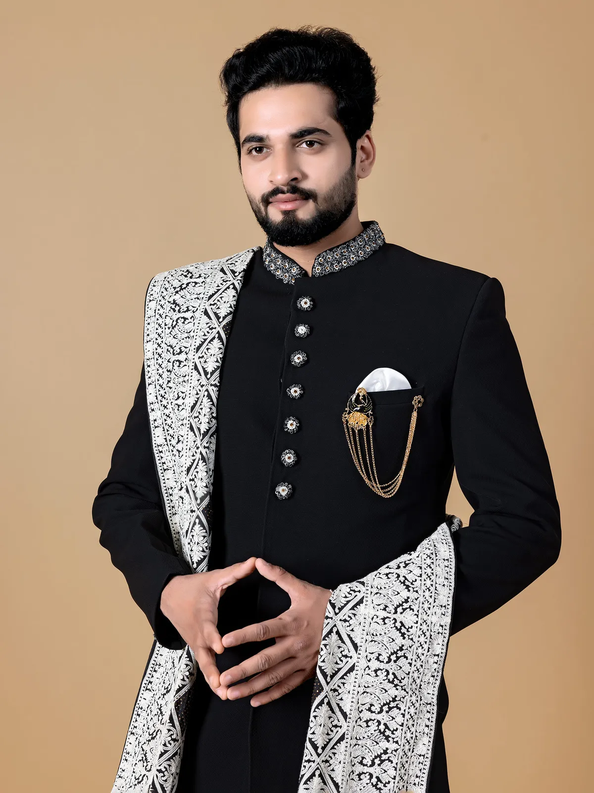 Dashing black indowestern in terry rayon