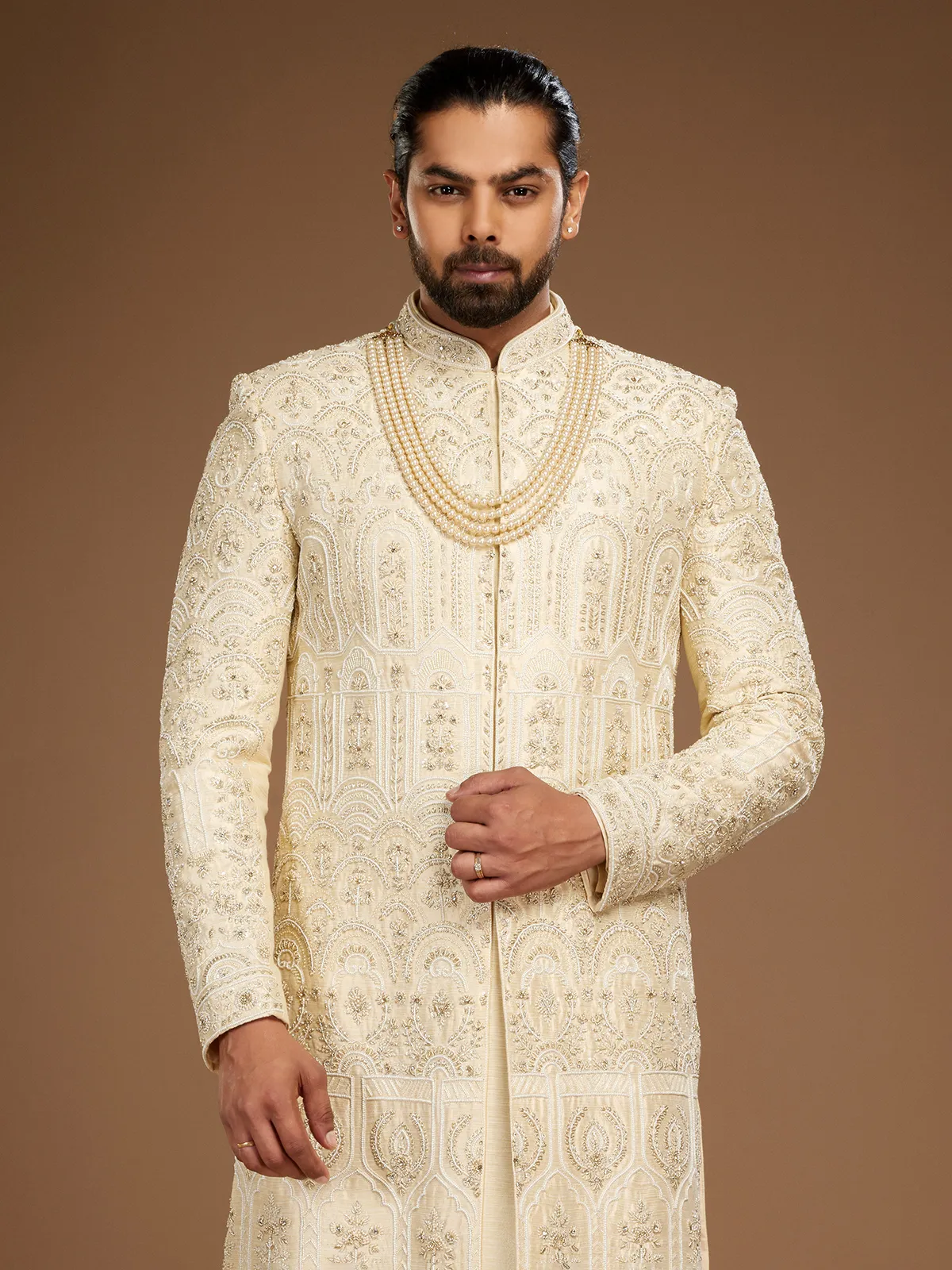 Dashing cream raw silk sherwani