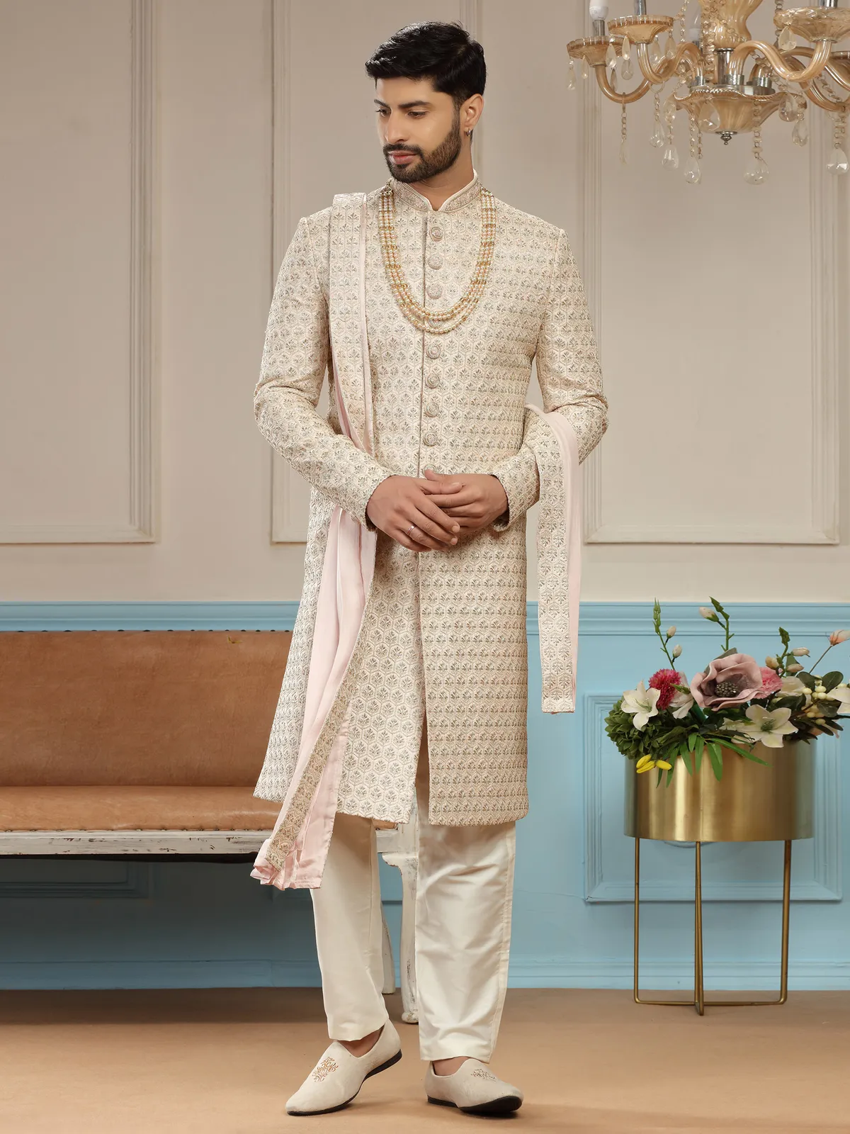 Dashing groom peach silk sherwani