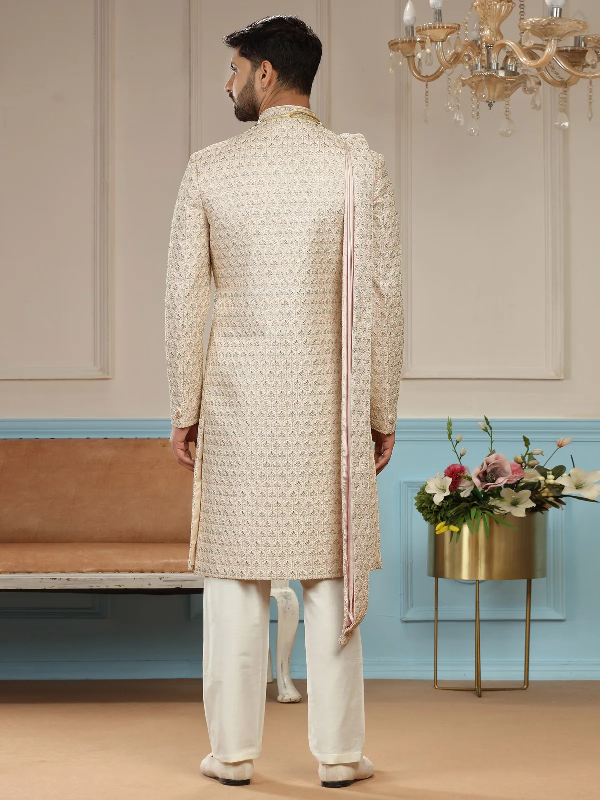 Dashing groom peach silk sherwani