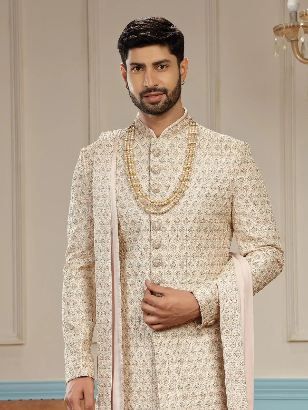 Dashing groom peach silk sherwani