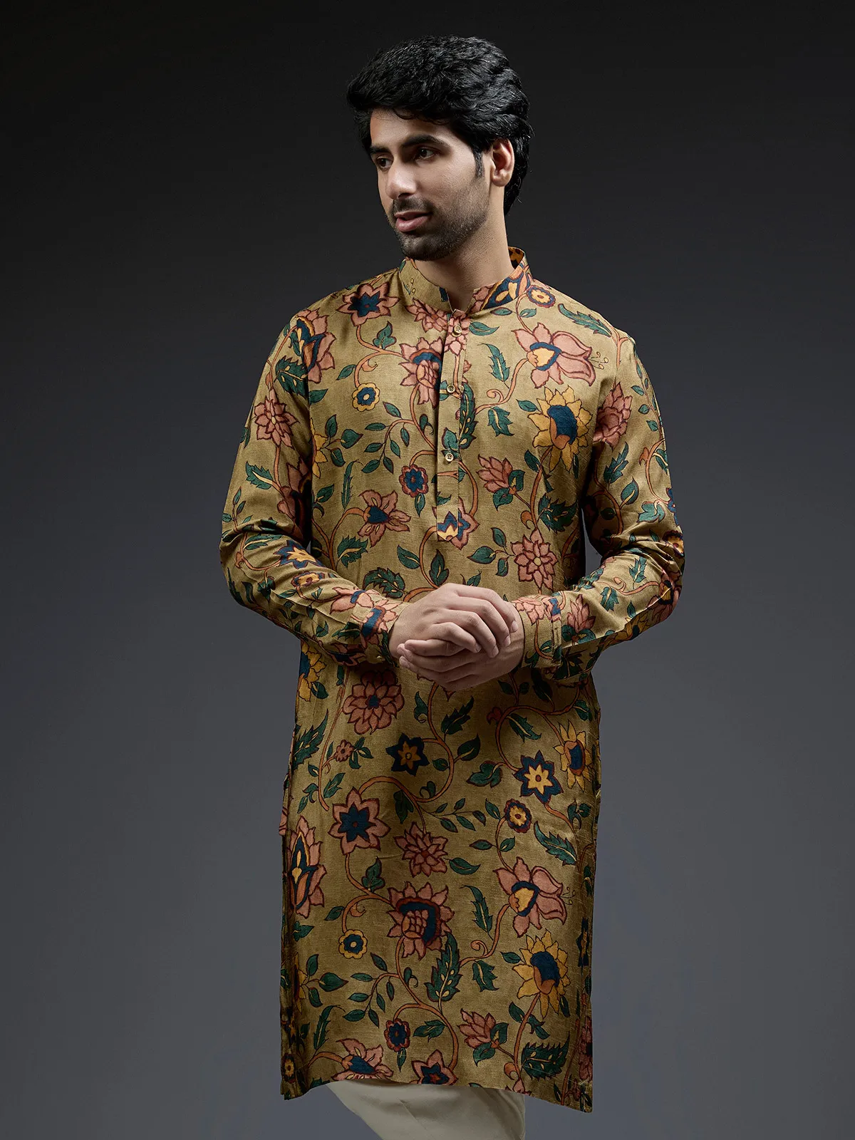 Dashing mehndi green flower printed silk kurta suit