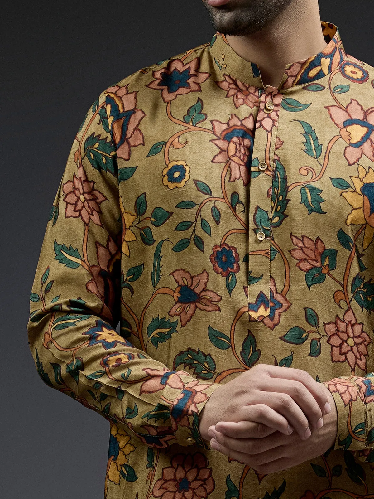 Dashing mehndi green flower printed silk kurta suit