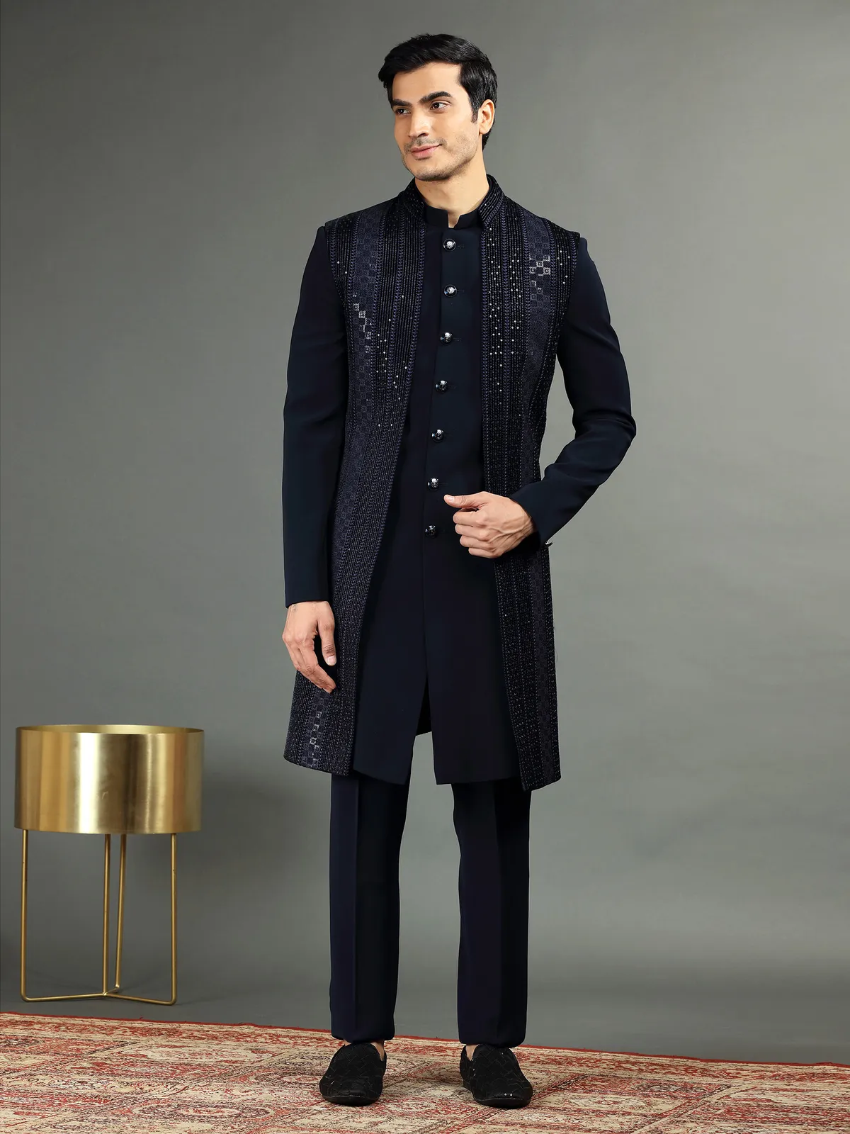 Velvet and terry rayon indowestern in navy