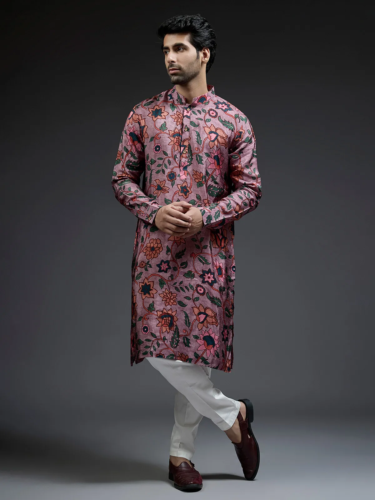 Dashing violet flower printed silk kurta suit