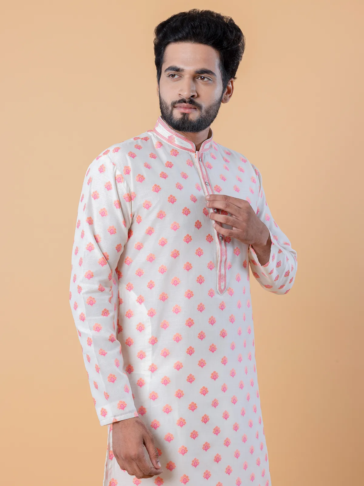 Dashing white and peach cotton kurta suit