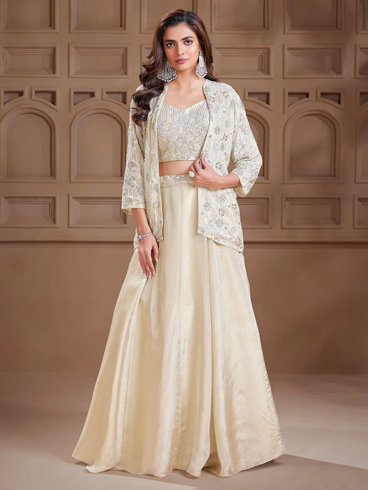 Dazzling cream silk jacket style lehenga choli