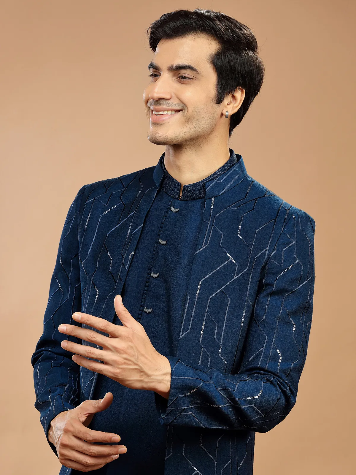 Dazzling dark blue raw silk indowestern