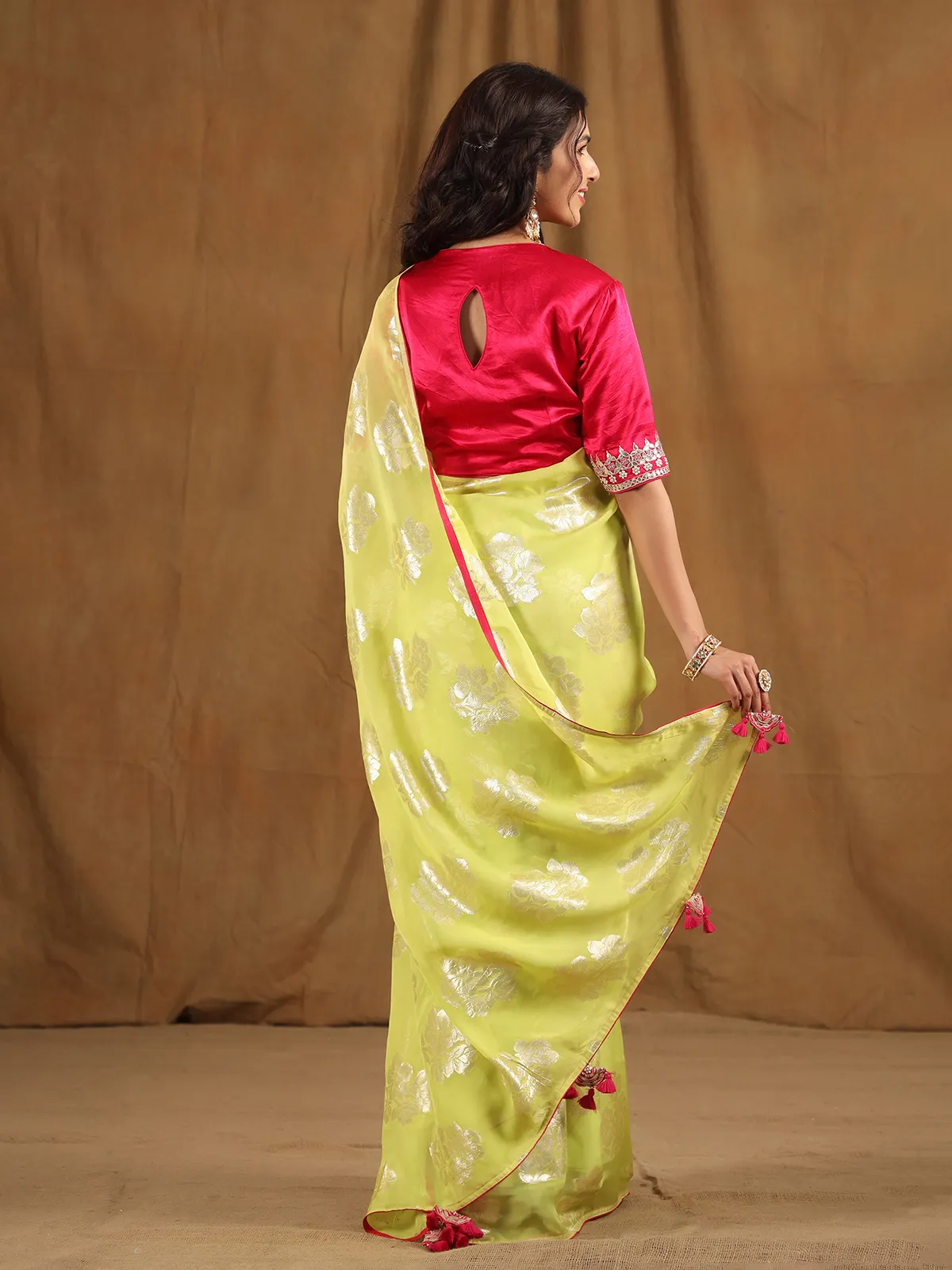 Dazzling lime green organza saree