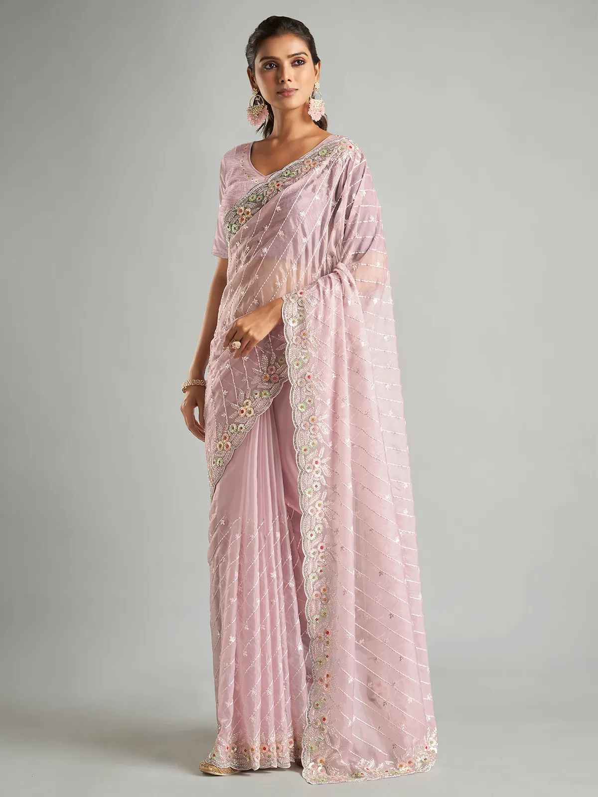 Dazzling mauve purple organza saree