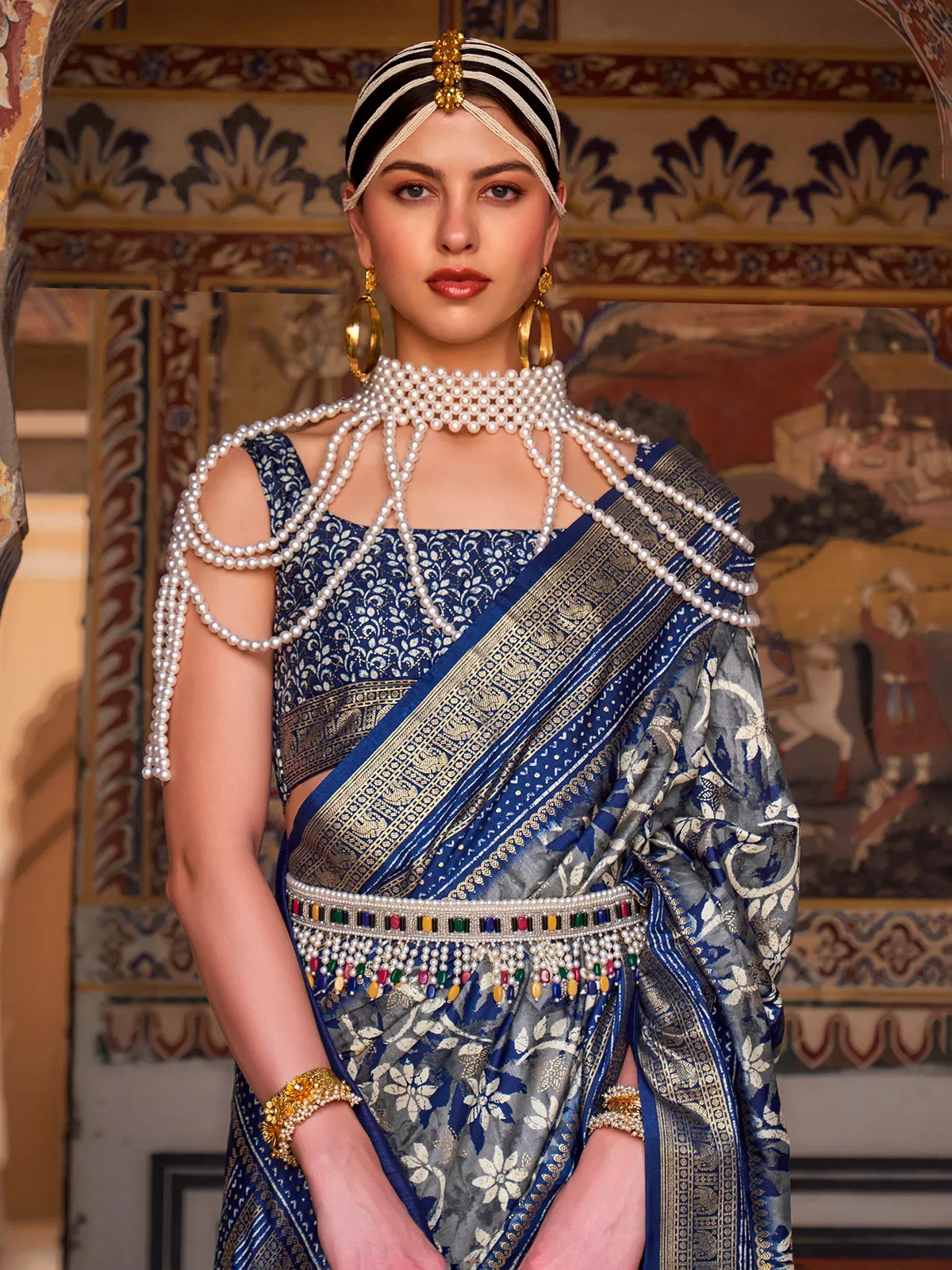 Dazzling navy silk printed saree