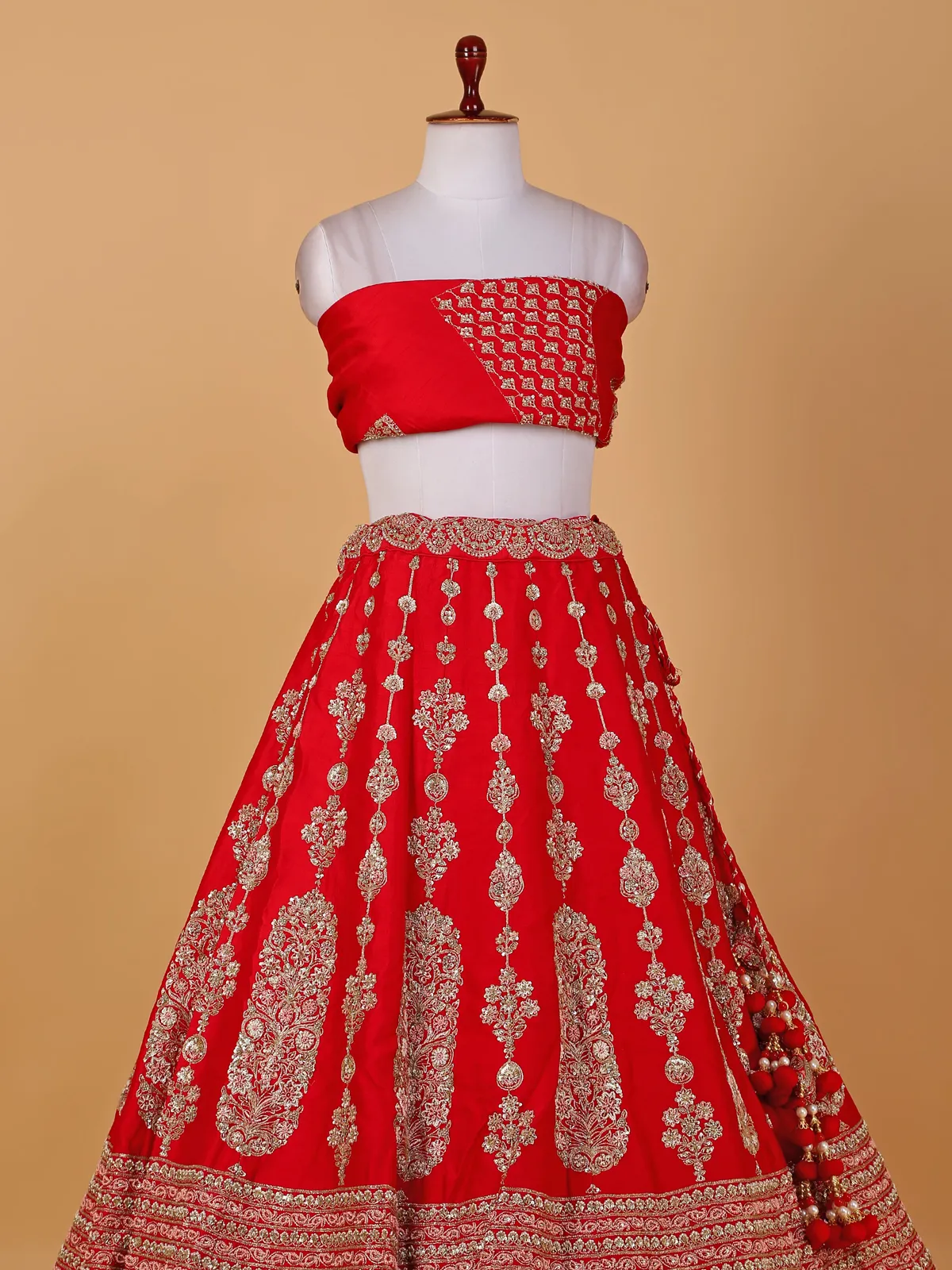 Dazzling red unstitched bridal lehenga choli