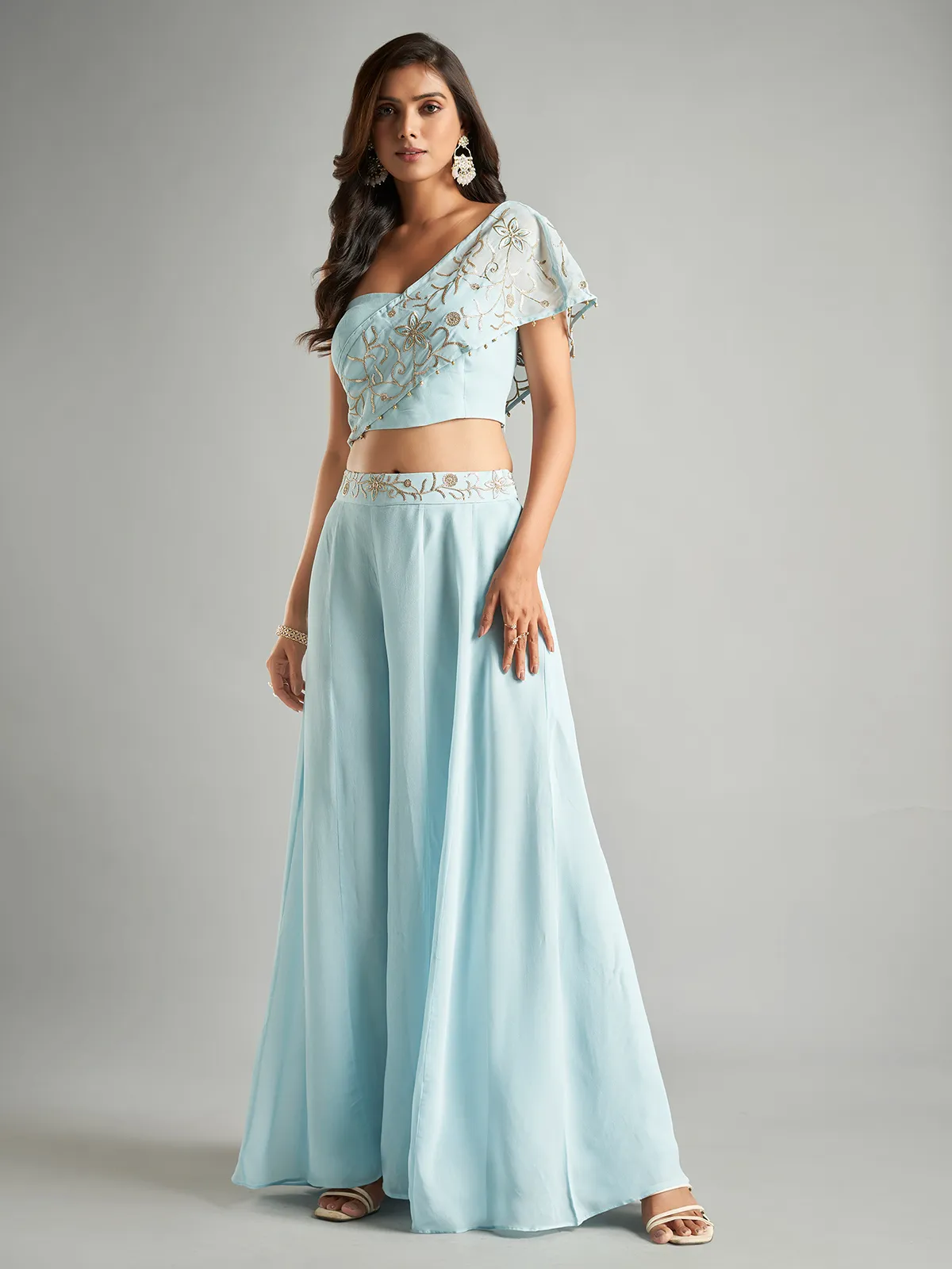 Dazzling sky blue georgette palazzo suit