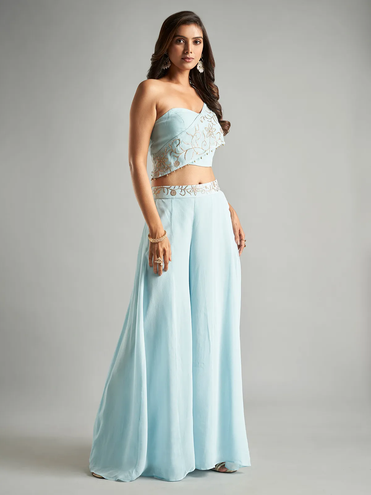 Dazzling sky blue georgette palazzo suit for women