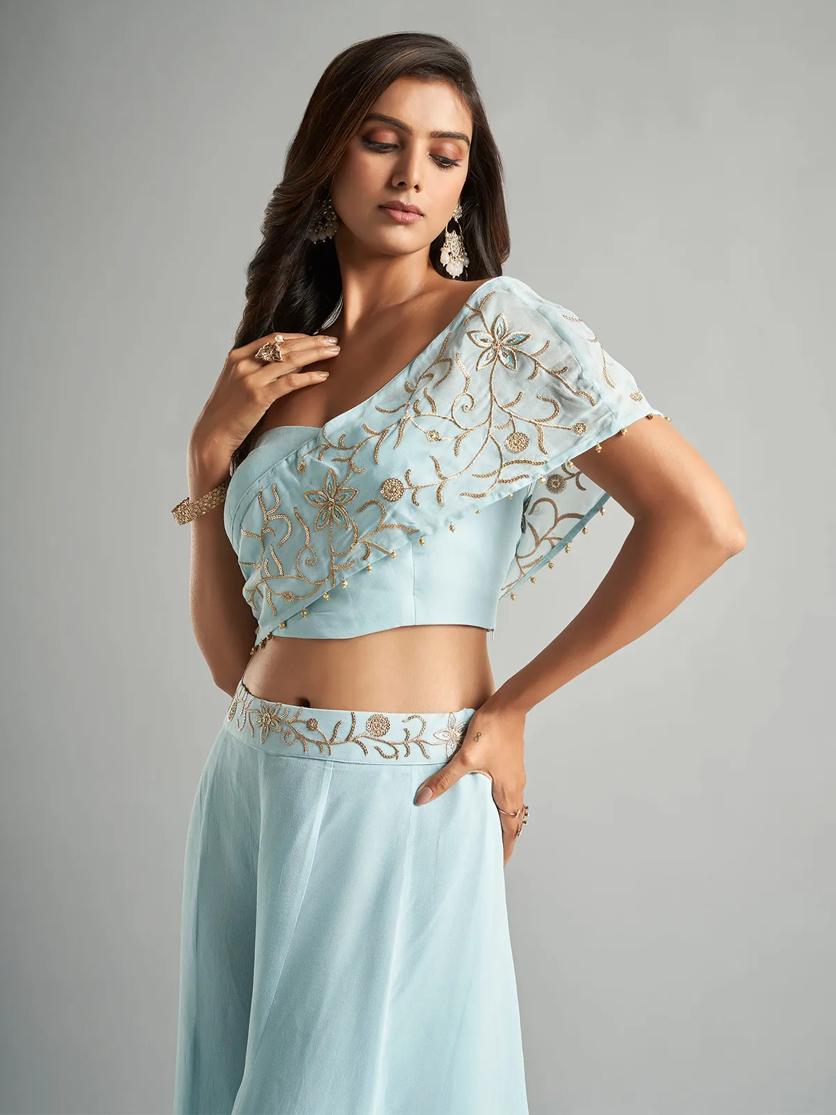 Dazzling sky blue georgette palazzo suit for women