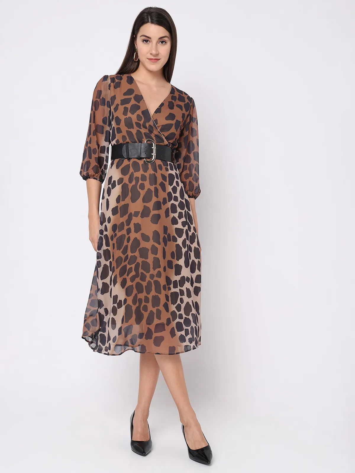 Deal casual brown dress in printed