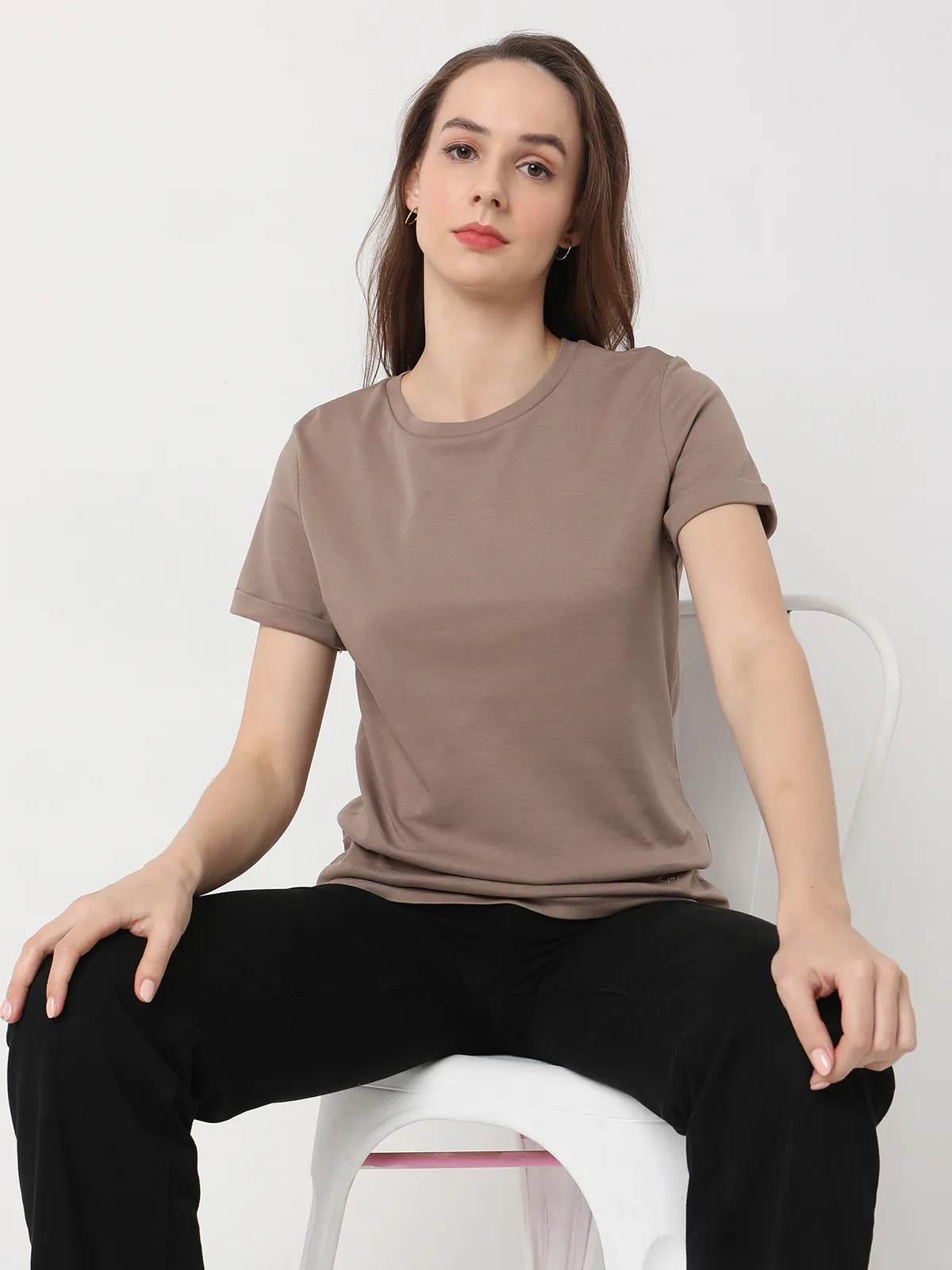 Deal fawn beige plain cotton t-shirt