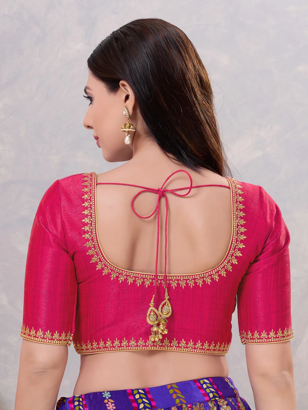 Deep pink silk resham and stone weaving blouse