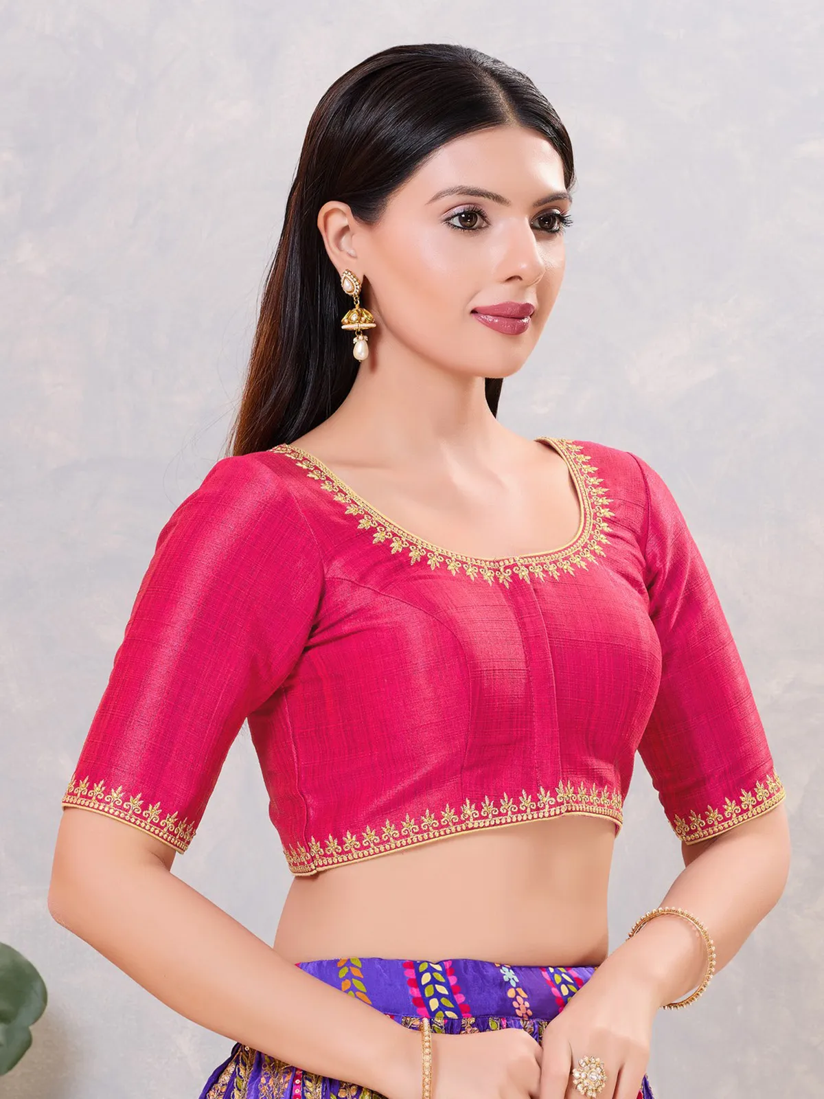 Deep pink silk resham and stone weaving blouse