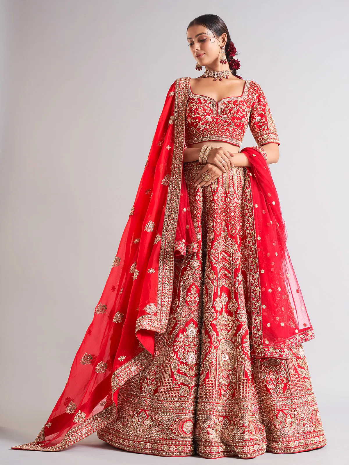 Delightful red raw silk lehenga choli
