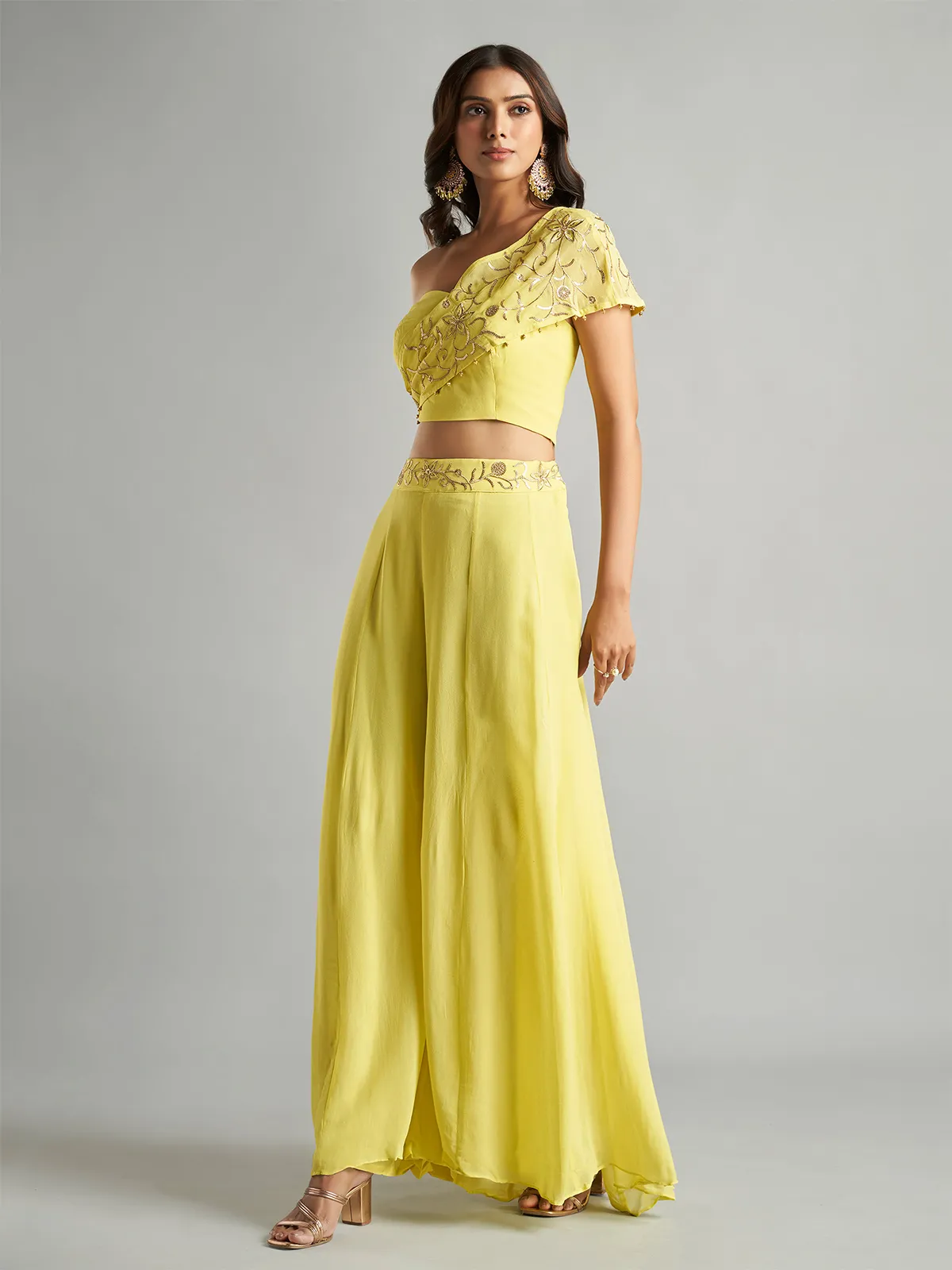 Delightful yellow georgette palazzo suit
