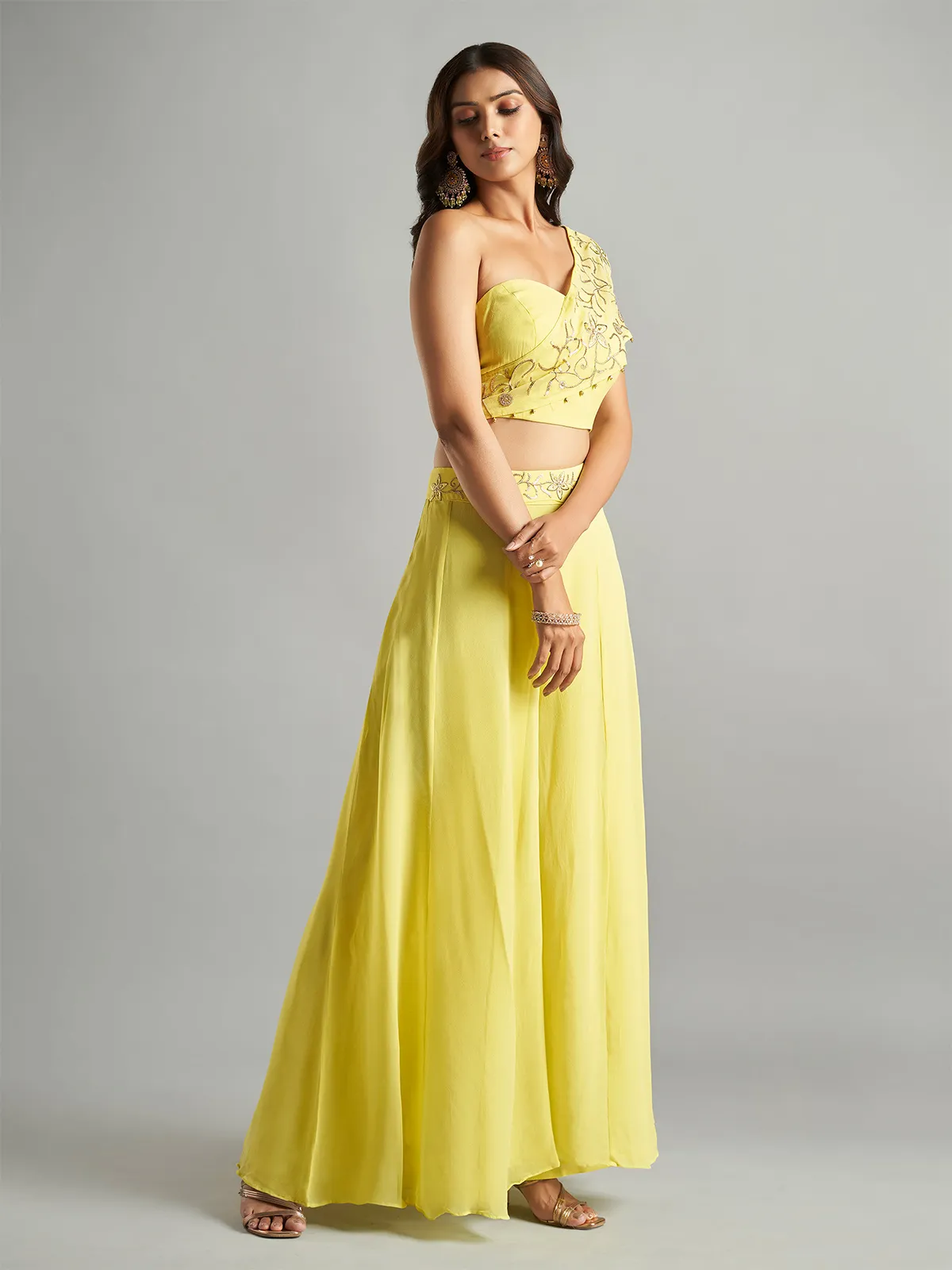 Delightful yellow georgette palazzo suit