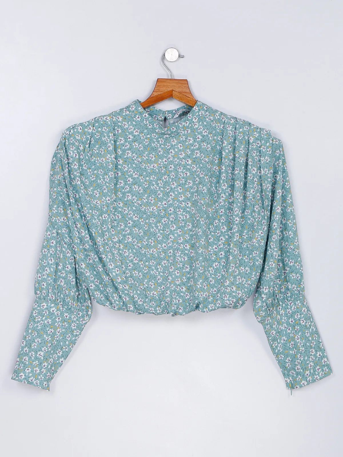 Desi Belle sea green silk printed crop top