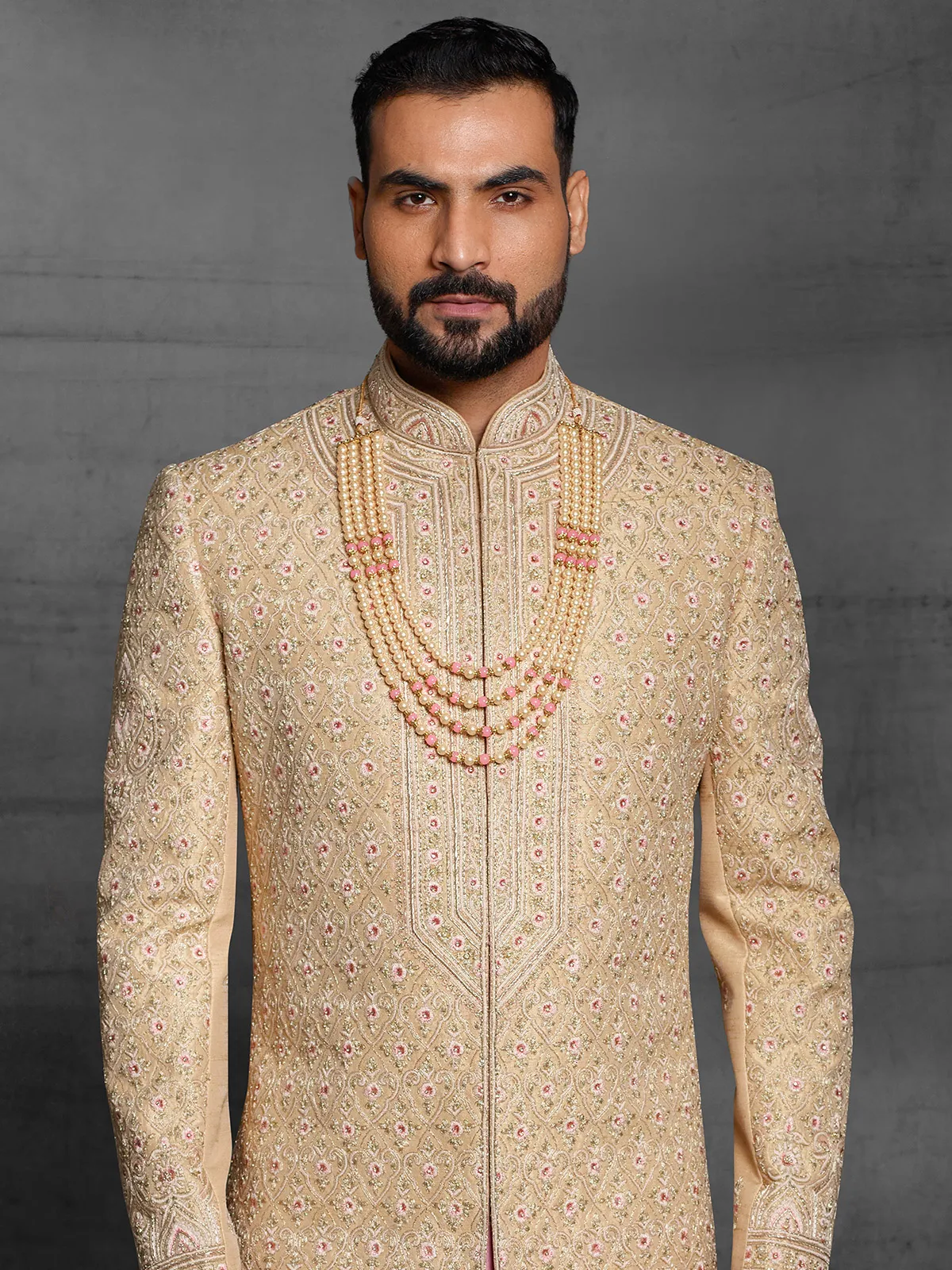 Designer beige color silk fabric sherwani