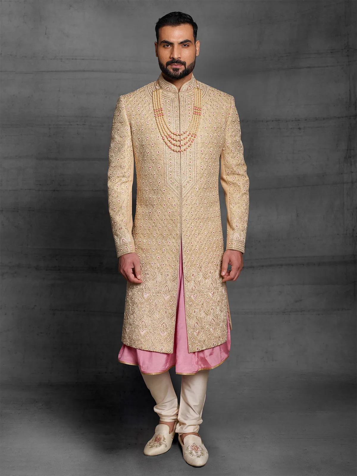 Designer beige color silk fabric sherwani