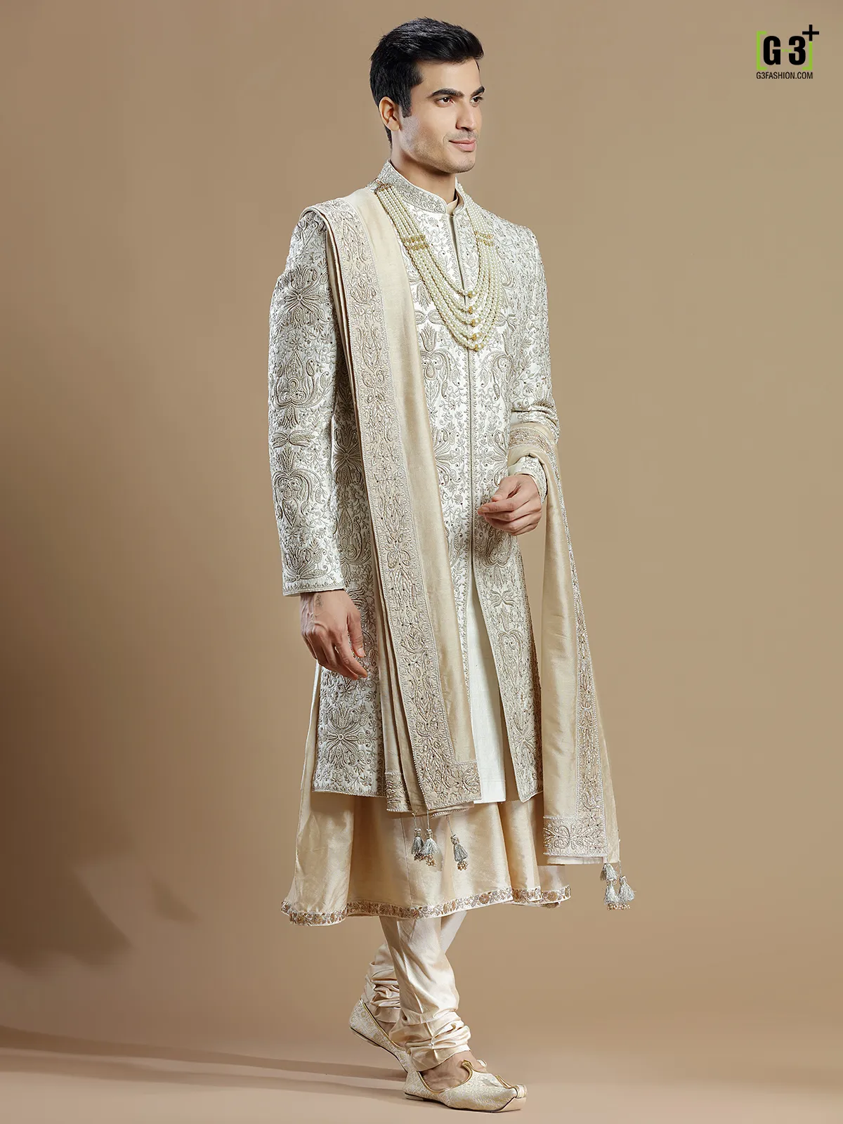 Designer cream color raw silk fabric sherwani