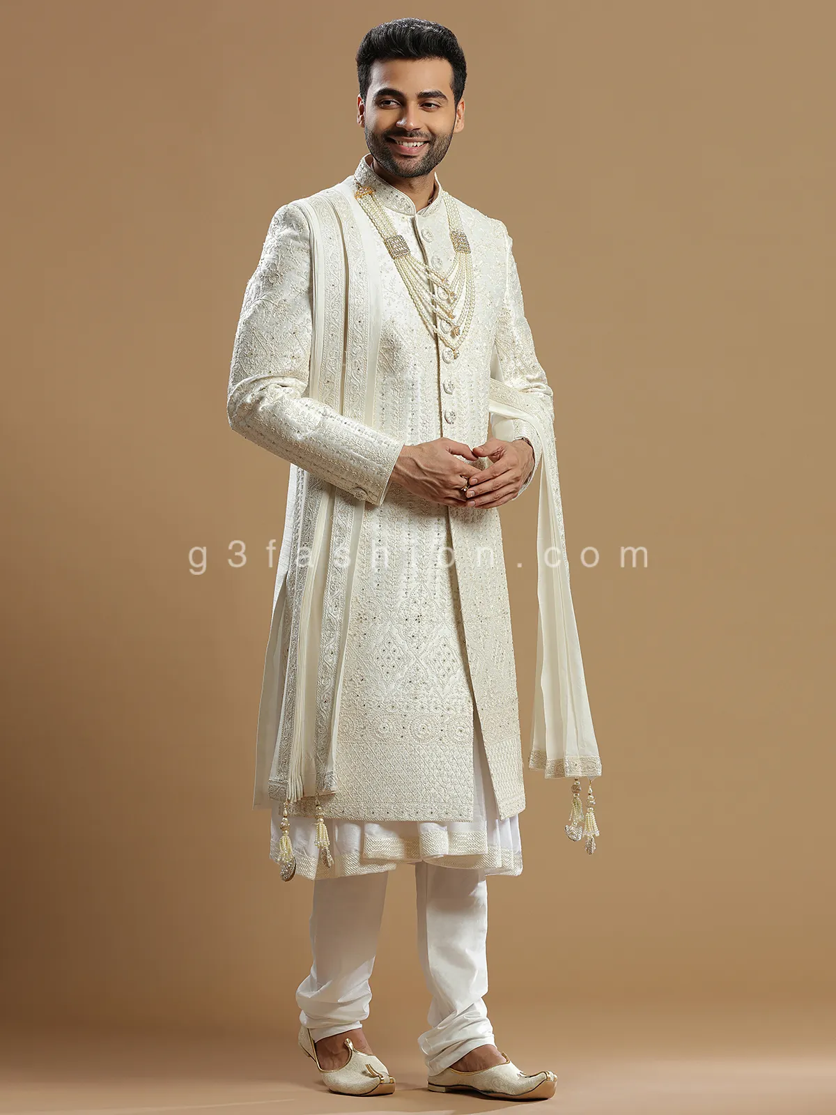 Designer cream silk sherwani for groom