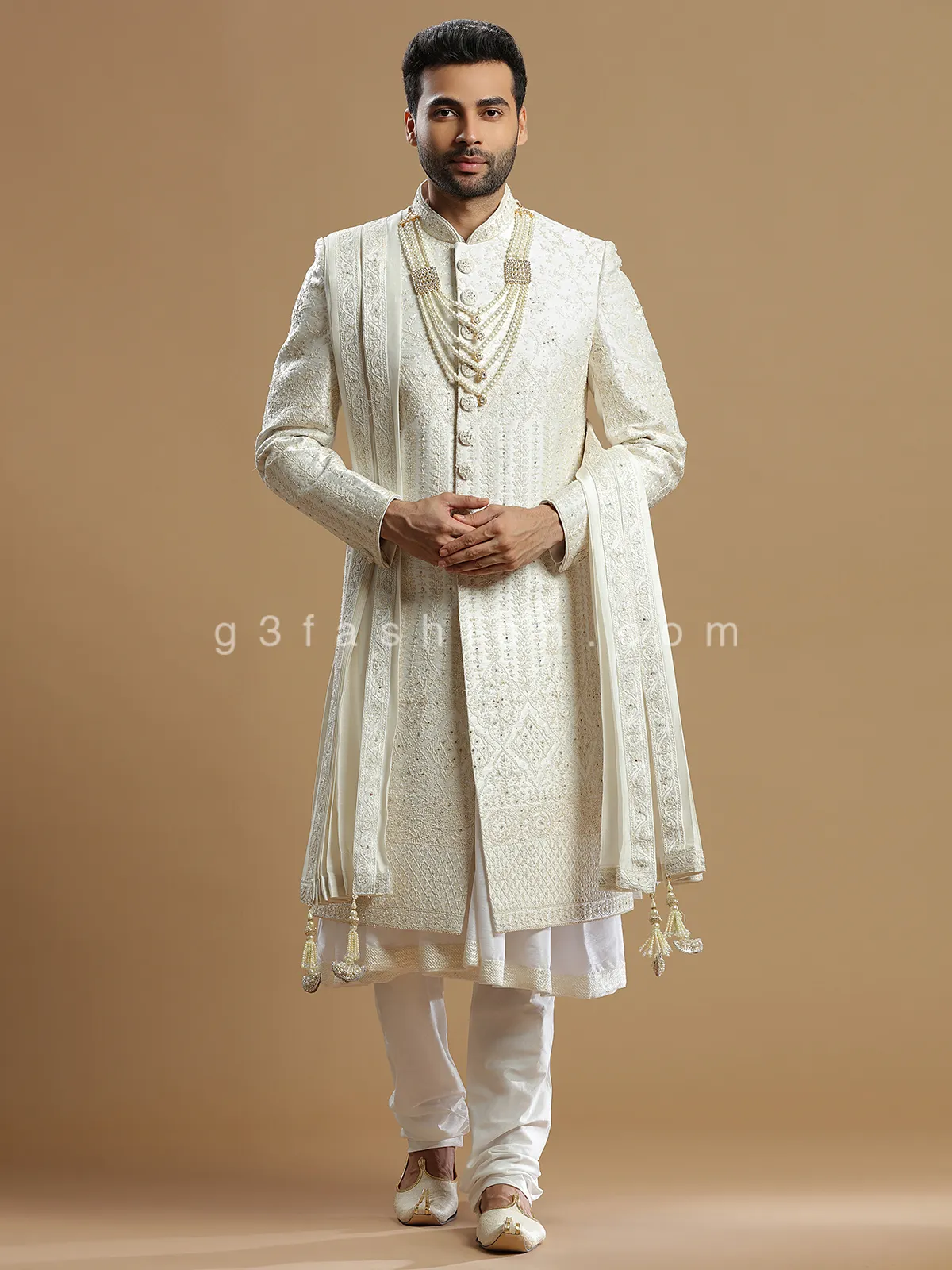 Designer cream silk sherwani for groom