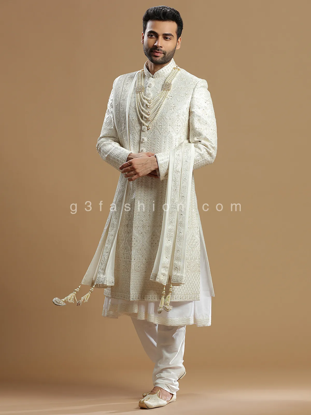 Designer cream silk sherwani for groom