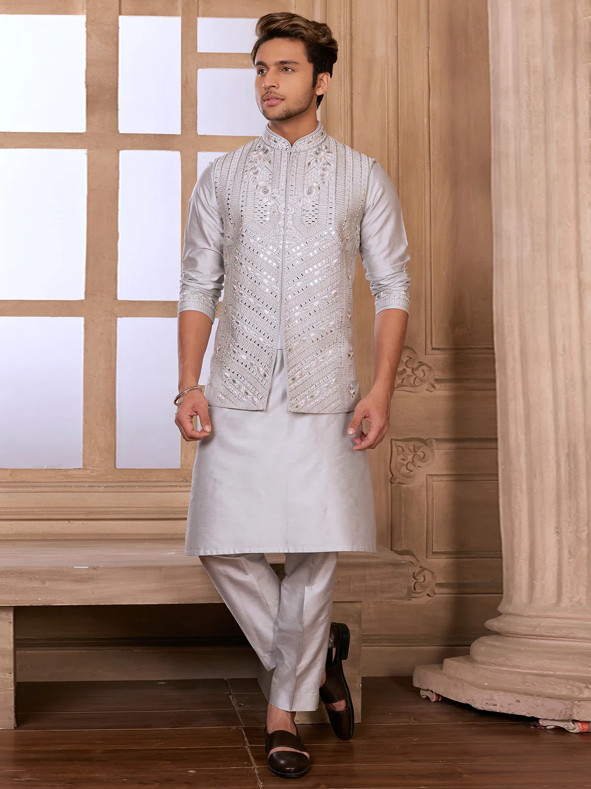 Designer light grey silk waistcoat set for men