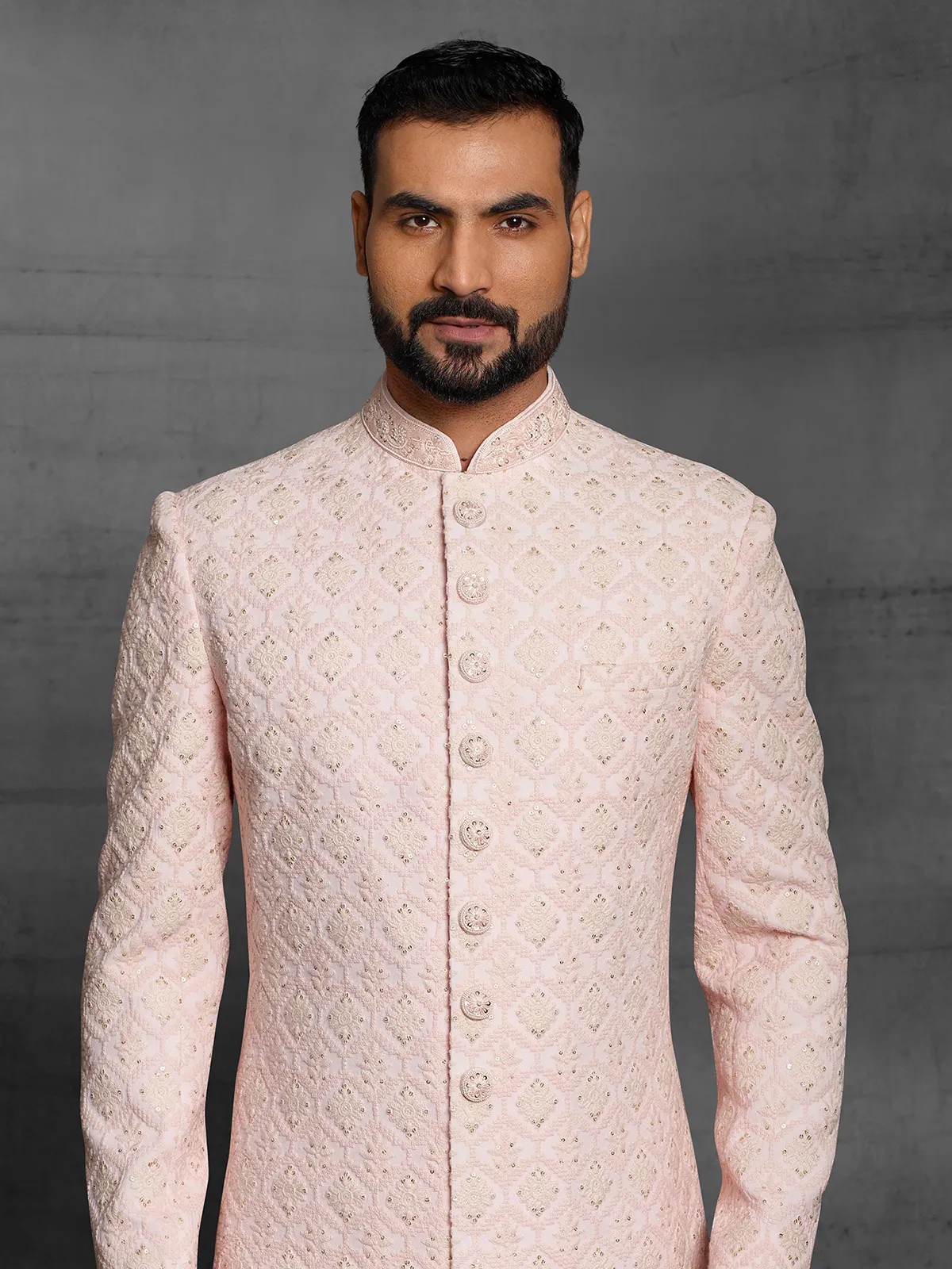 Designer light pink color silk fabric sherwani
