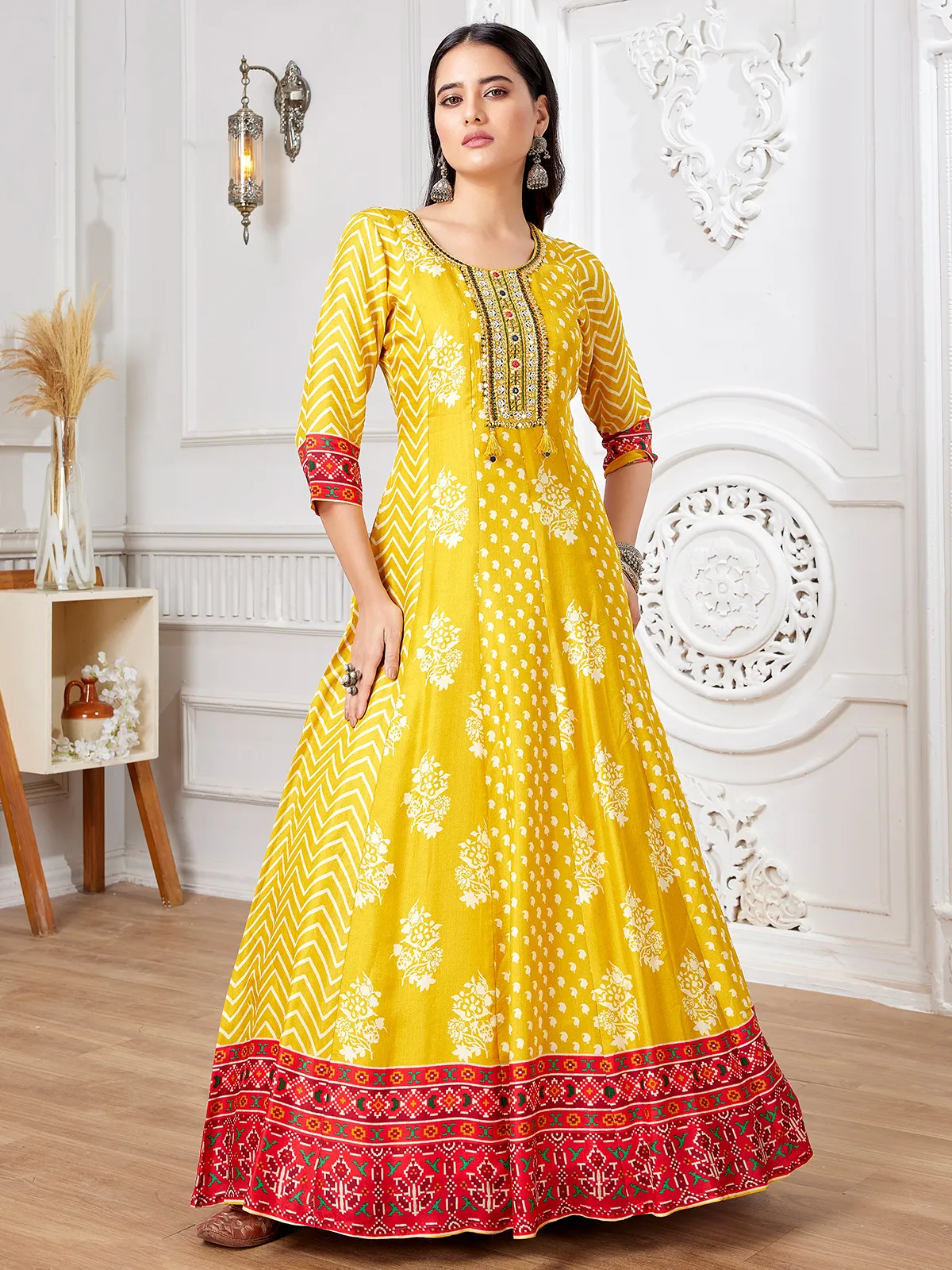 slim fit dress slacks Gold silk anarkali – YoshnasByEla main image 0