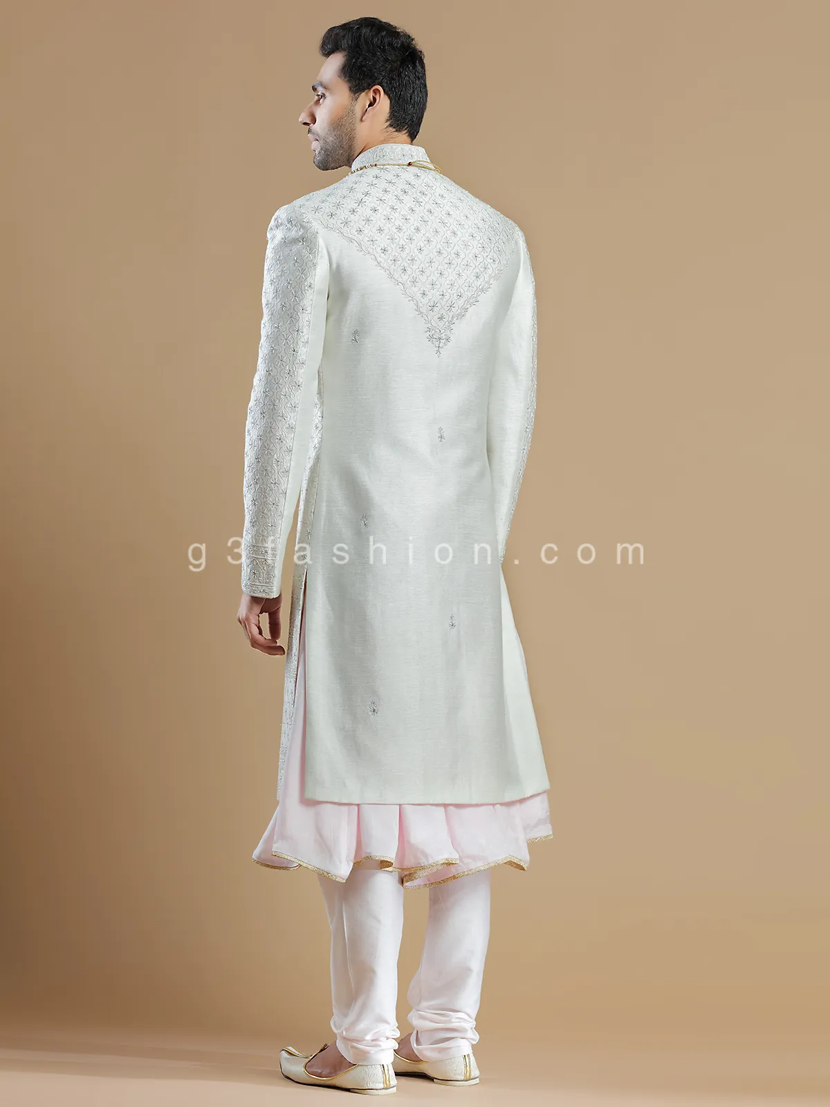 Designer off white color raw silk fabric sherwani