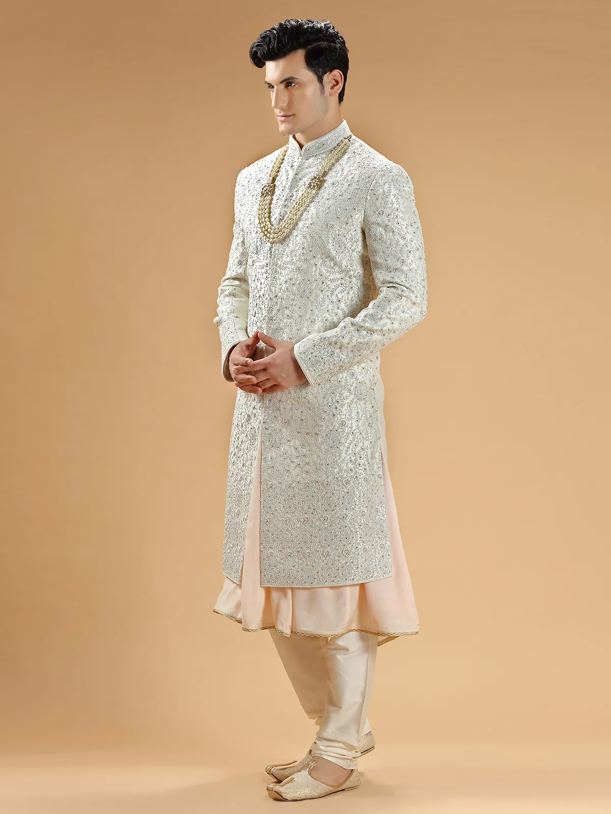 Designer raw silk sherwani in cream