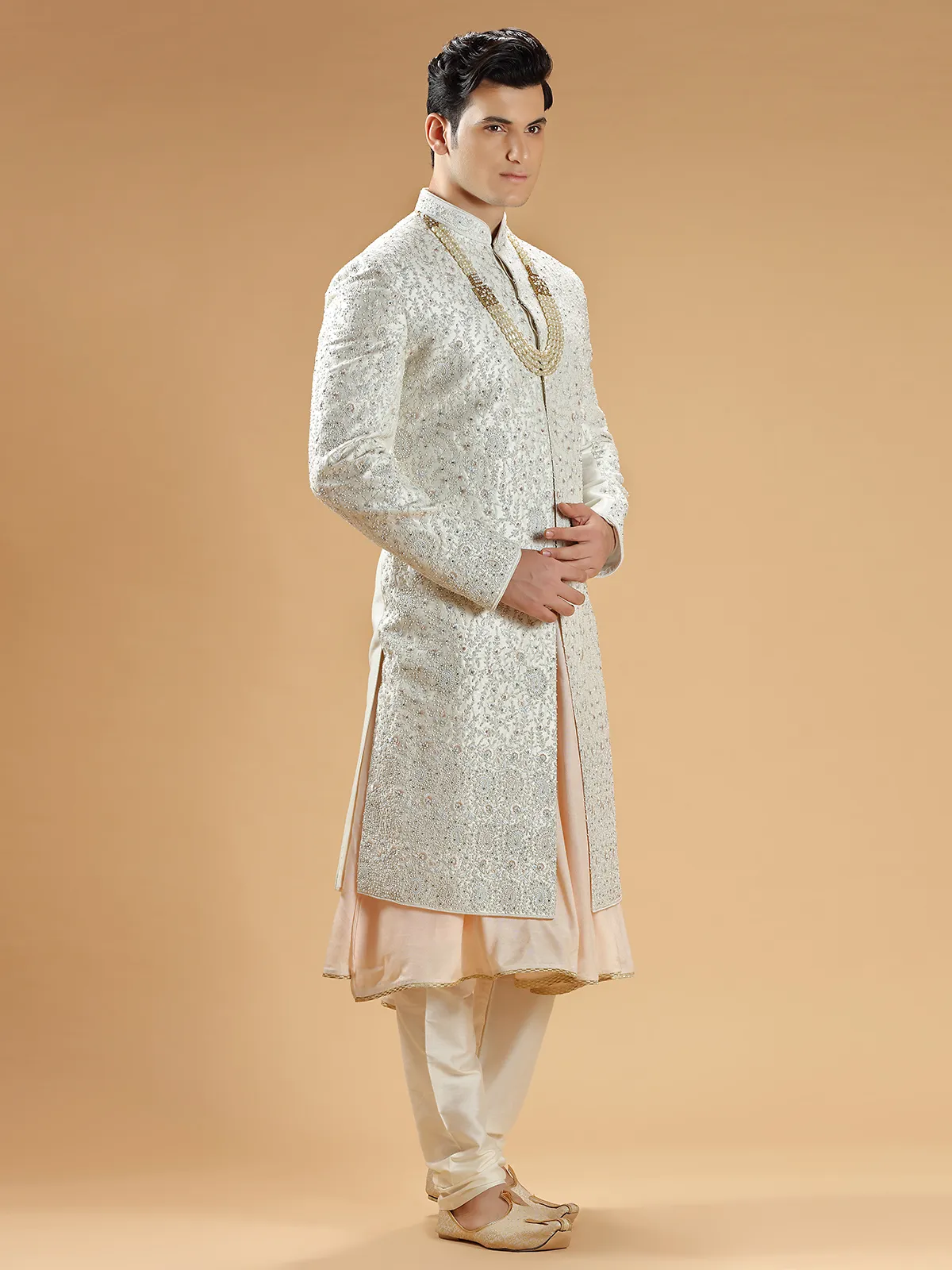 Designer raw silk sherwani in cream