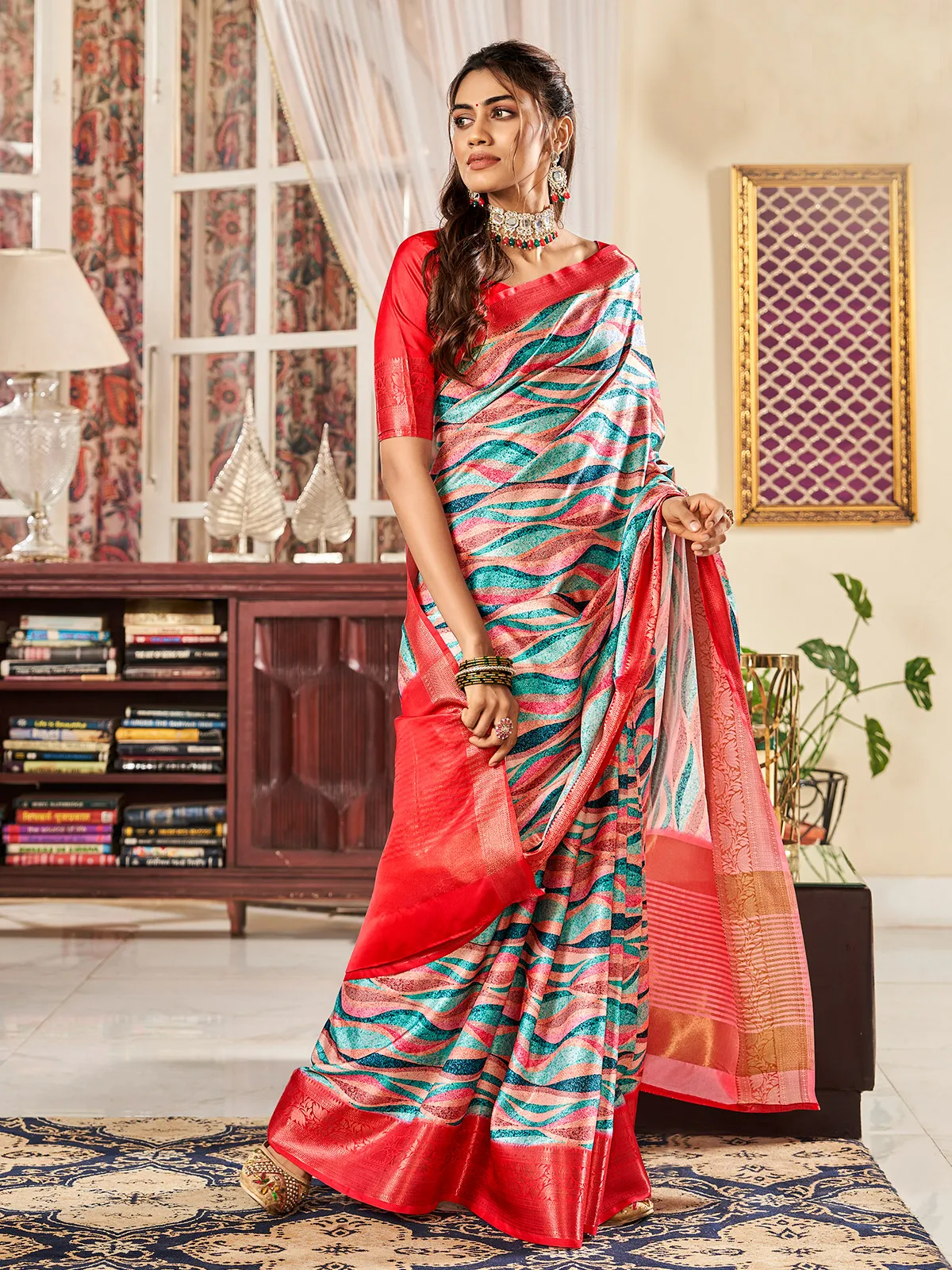 Digital printed multi color satin saree