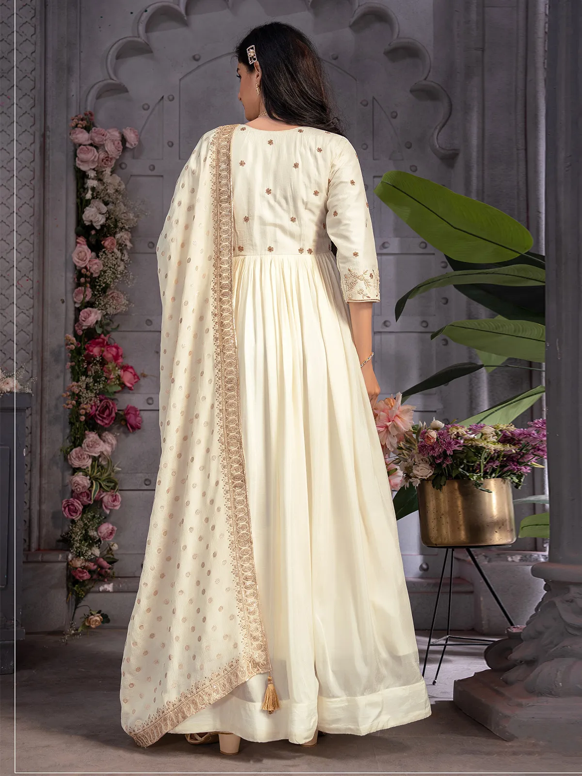 dola silk off-white anarkali suit