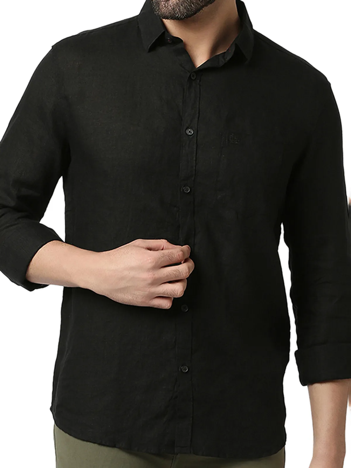 DRAGON HILL solid black linen casual shirt