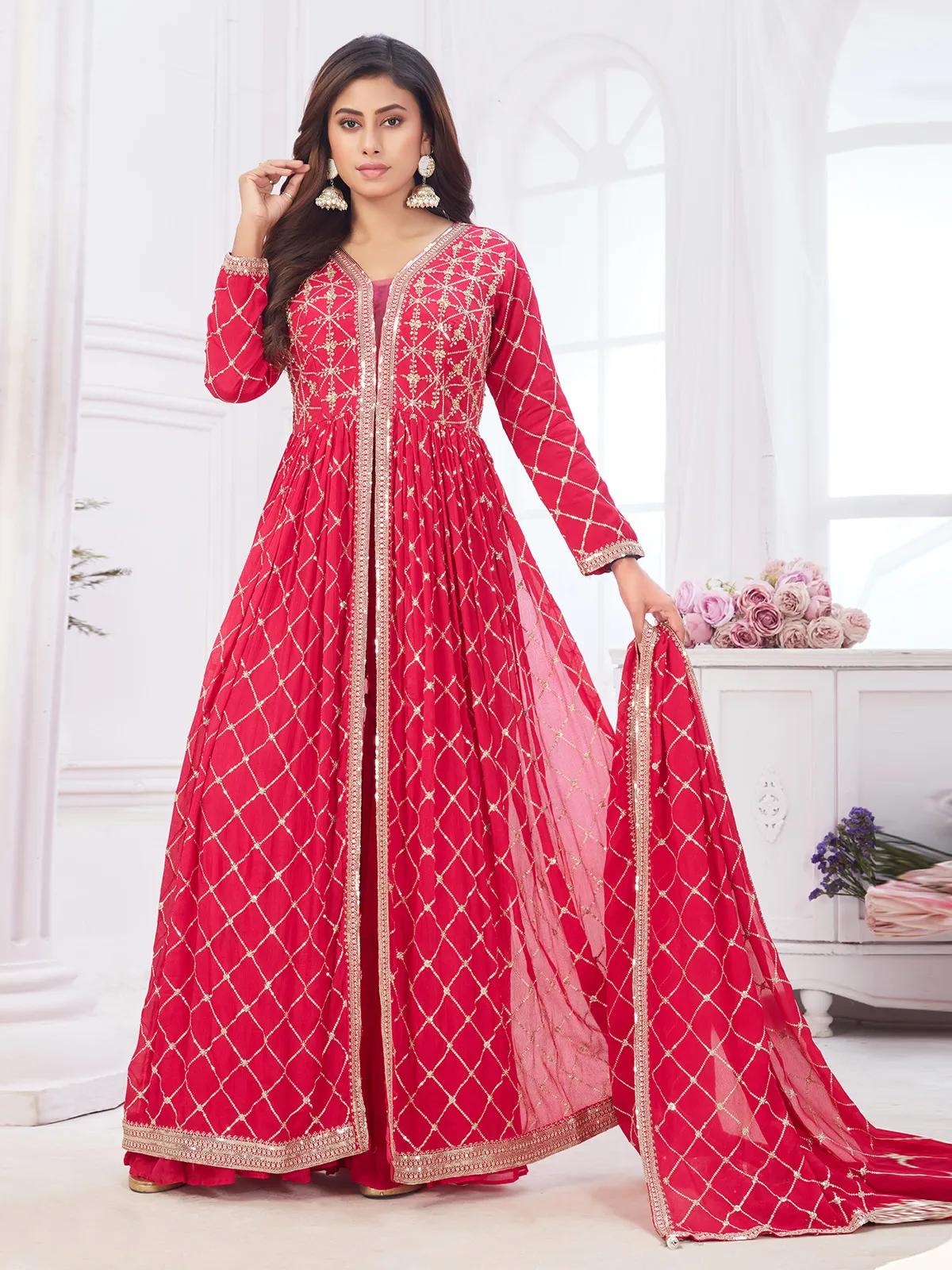 Drak pink georgette front slit sharara suit